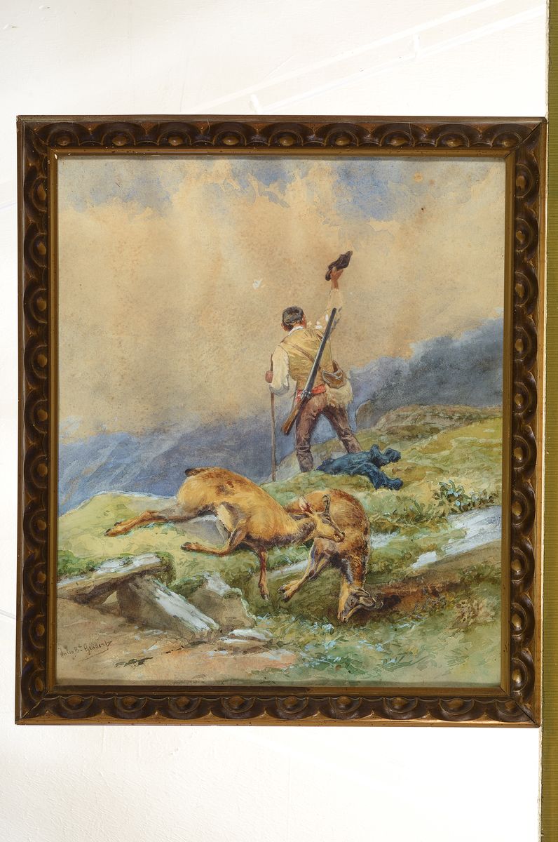 Detail k: Jules Bertrand Gélibert, 1834-1916, Gamsjagd, Aquarell auf Papier, links unten signiert, ca. 44x37cm, u.Gl., R.