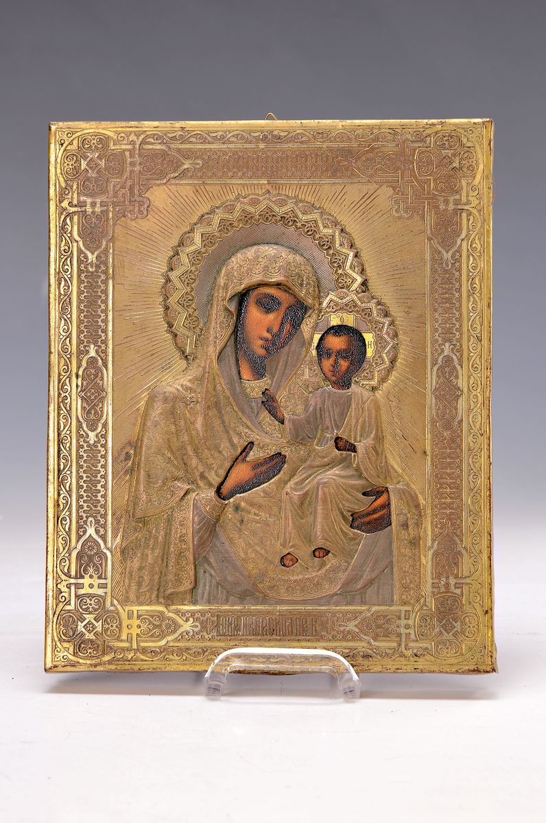 Detail k: Ikone, Russland, um 1900, Gottesmutter mit Kind, Metalloklad reich ziseliert, ca. 22.5x18 cm