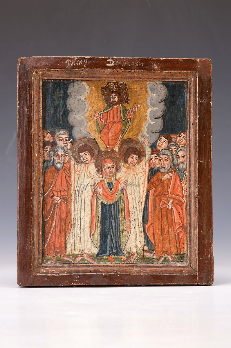 Detail k: Ikone, Nordrussland, 1880-90, Auferstehung Christi, Tempera auf Holz, vertieftes Mittelfeld, l. Altersspuren, ca 30x25 cm