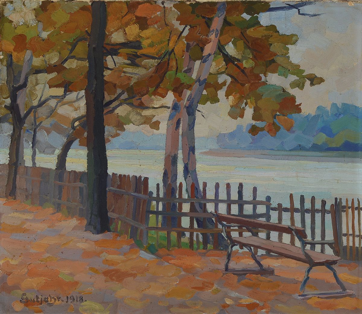 Heinrich Gutjahr, 1898 Mannheim-1973 Furtwangen, Parkbank am Chiemsee, Öl/Lwd, links unten signiert und datiert 1918, ca. 47x51cm/60x64cm, Rahmen