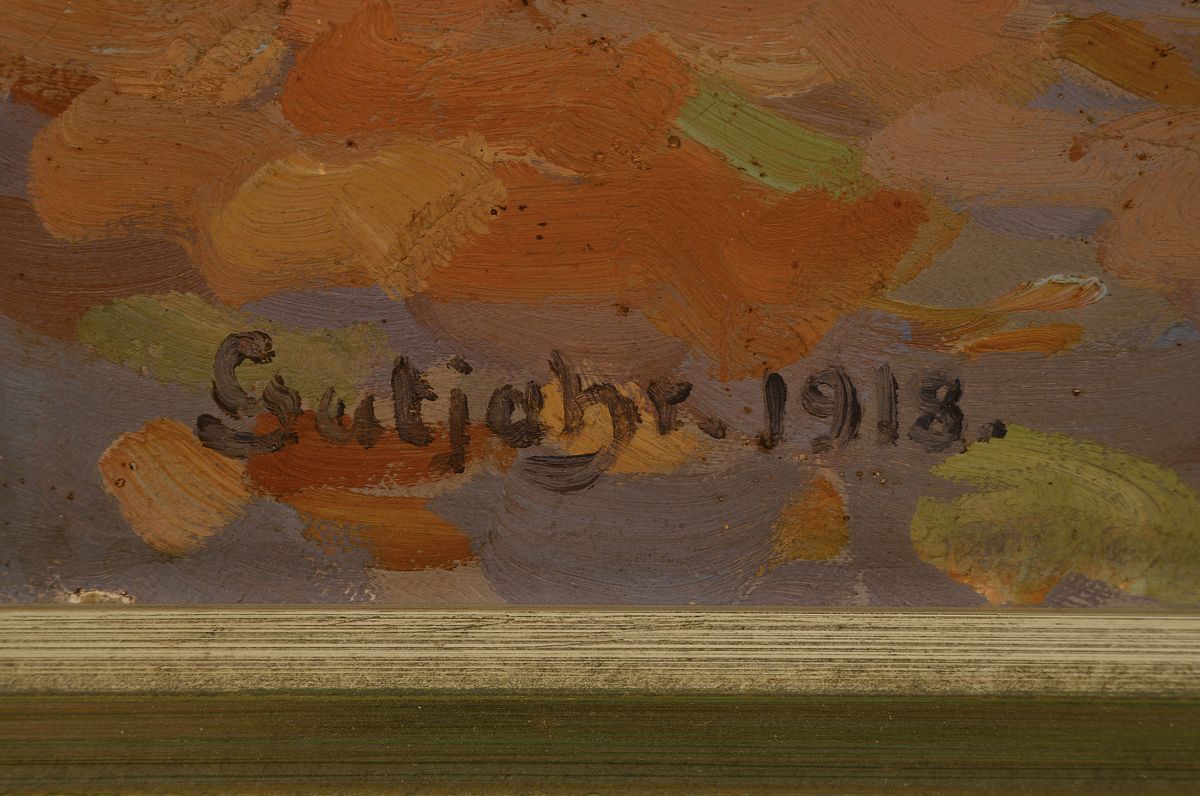 Detail a: Heinrich Gutjahr, 1898 Mannheim-1973 Furtwangen, Parkbank am Chiemsee, Öl/Lwd, links unten signiert und datiert 1918, ca. 47x51cm/60x64cm, Rahmen