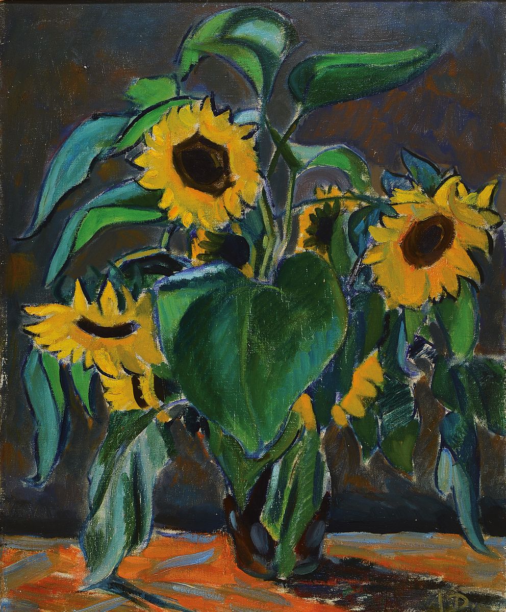 Adolf Doerner, 1892-1964 Ilbesheim/Pfalz, Studium an der Akademie Karlsruhe bei Albert Haueisen, hier: Stillleben mit Sonnenblumen, Öl/Lwd, rechts ...