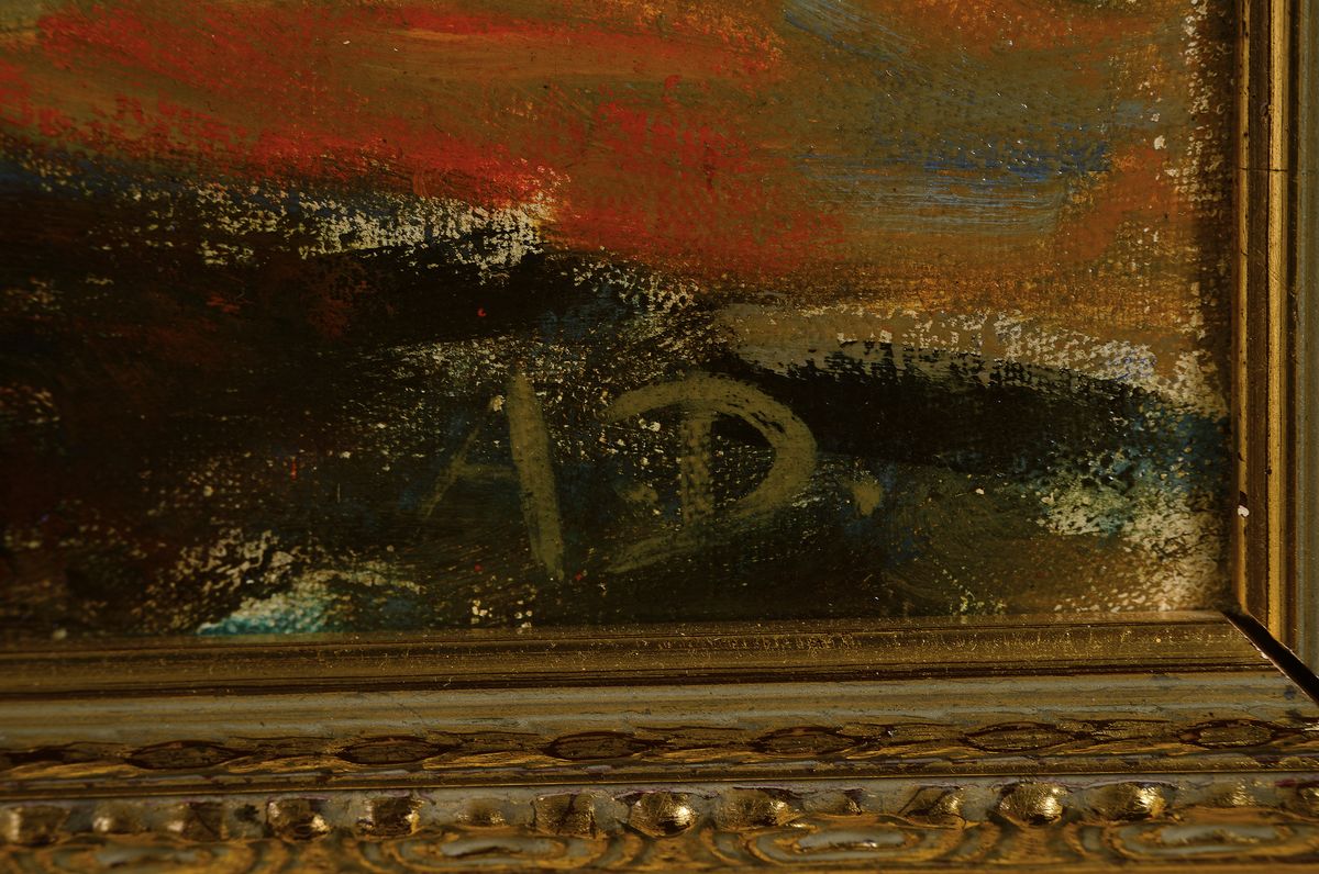 Detail a: Adolf Doerner, 1892-1964 Ilbesheim/Pfalz, Studium an der Akademie Karlsruhe bei Albert Haueisen, hier: Stillleben mit Sonnenblumen, Öl/Lwd, rechts ...
