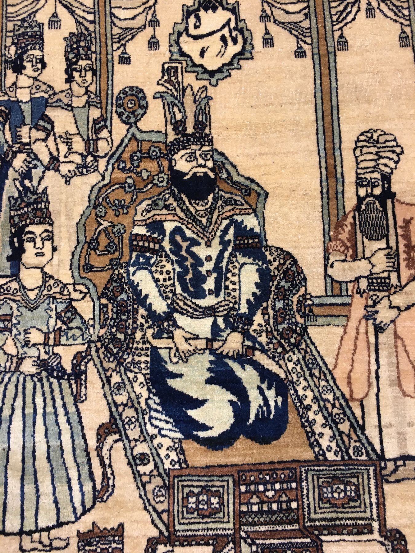 Detail c: Feiner Kerman "Bildteppich" antik (Nader Schah Afschar), Südpersien, Ende 19.Jhd., Wolle geknüpft auf Baumwolle. Feiner Bildteppich aus ...