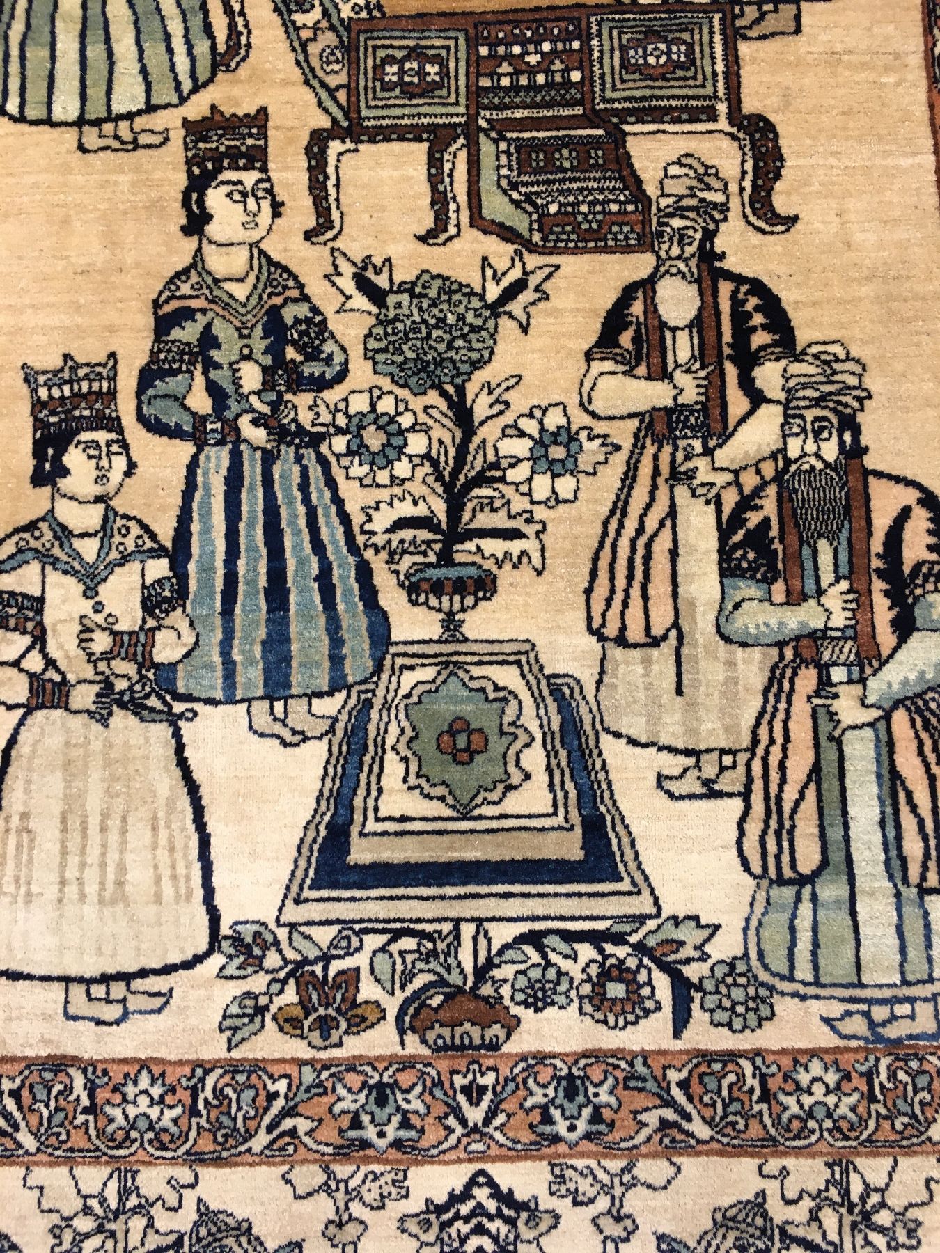Detail f: Feiner Kerman "Bildteppich" antik (Nader Schah Afschar), Südpersien, Ende 19.Jhd., Wolle geknüpft auf Baumwolle. Feiner Bildteppich aus ...