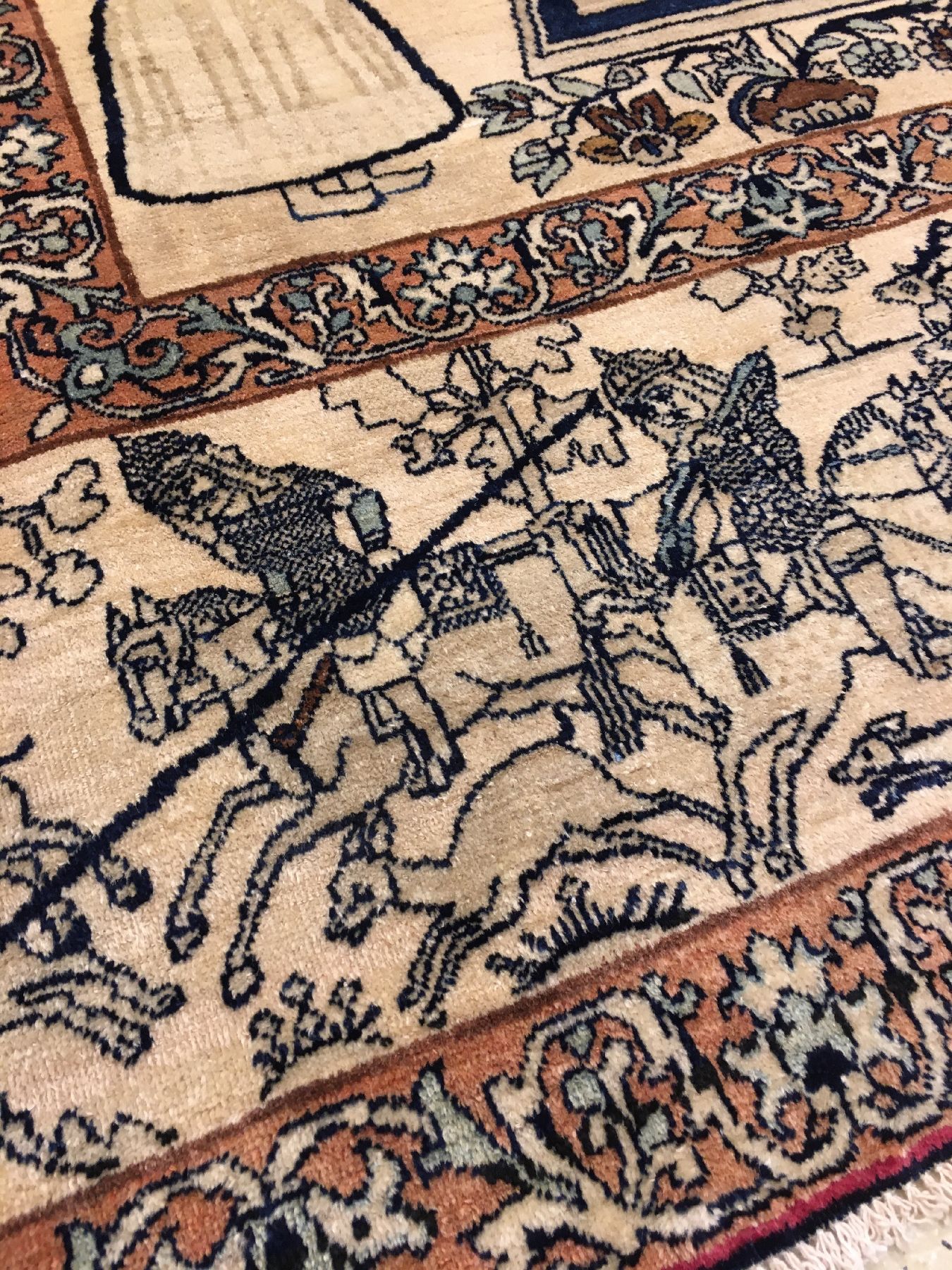 Detail g: Feiner Kerman "Bildteppich" antik (Nader Schah Afschar), Südpersien, Ende 19.Jhd., Wolle geknüpft auf Baumwolle. Feiner Bildteppich aus ...