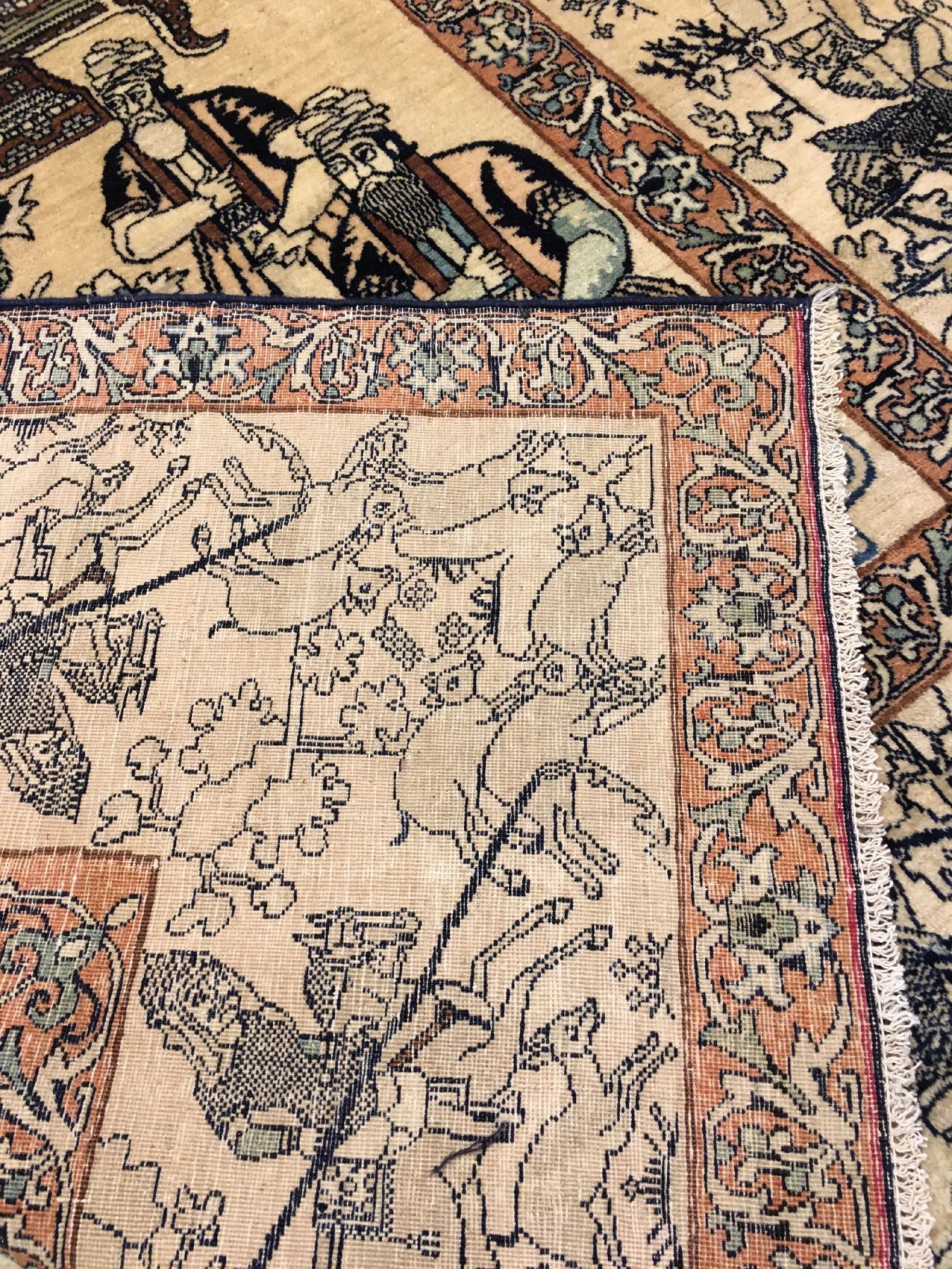 Detail h: Feiner Kerman "Bildteppich" antik (Nader Schah Afschar), Südpersien, Ende 19.Jhd., Wolle geknüpft auf Baumwolle. Feiner Bildteppich aus ...