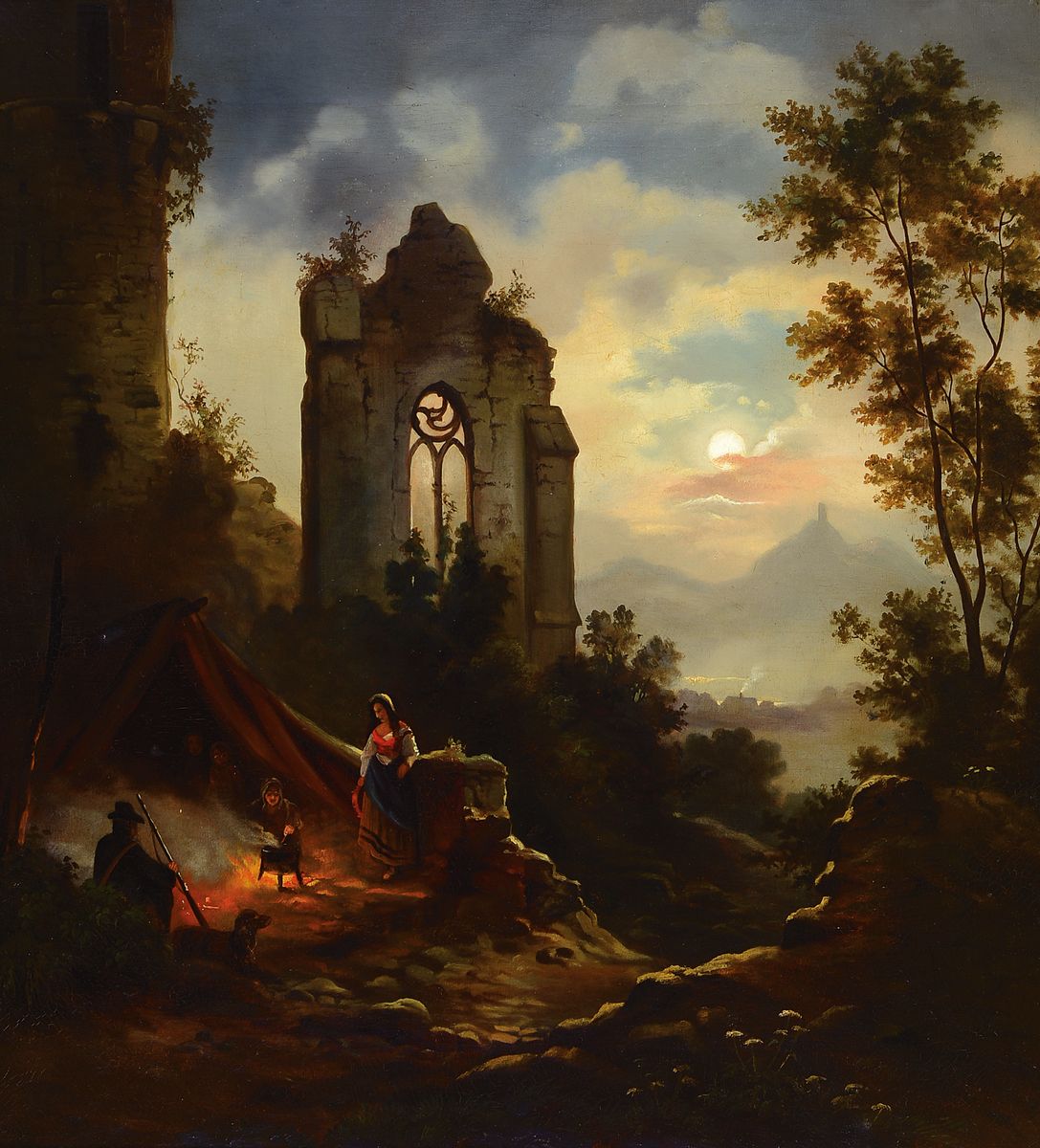 Romantiker, deutsch, um 1850-1870, Ruinenlandschaft mit weitem Blick in Tal, im Vordergrund links Menschen mit Zelt am Lagerfeuer, Öl/Lwd, rest., ...