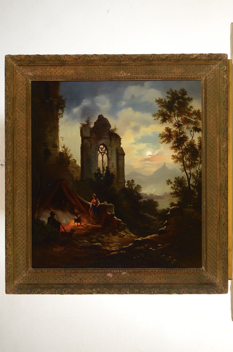 Detail k: Romantiker, deutsch, um 1850-1870, Ruinenlandschaft mit weitem Blick in Tal, im Vordergrund links Menschen mit Zelt am Lagerfeuer, Öl/Lwd, rest., ...