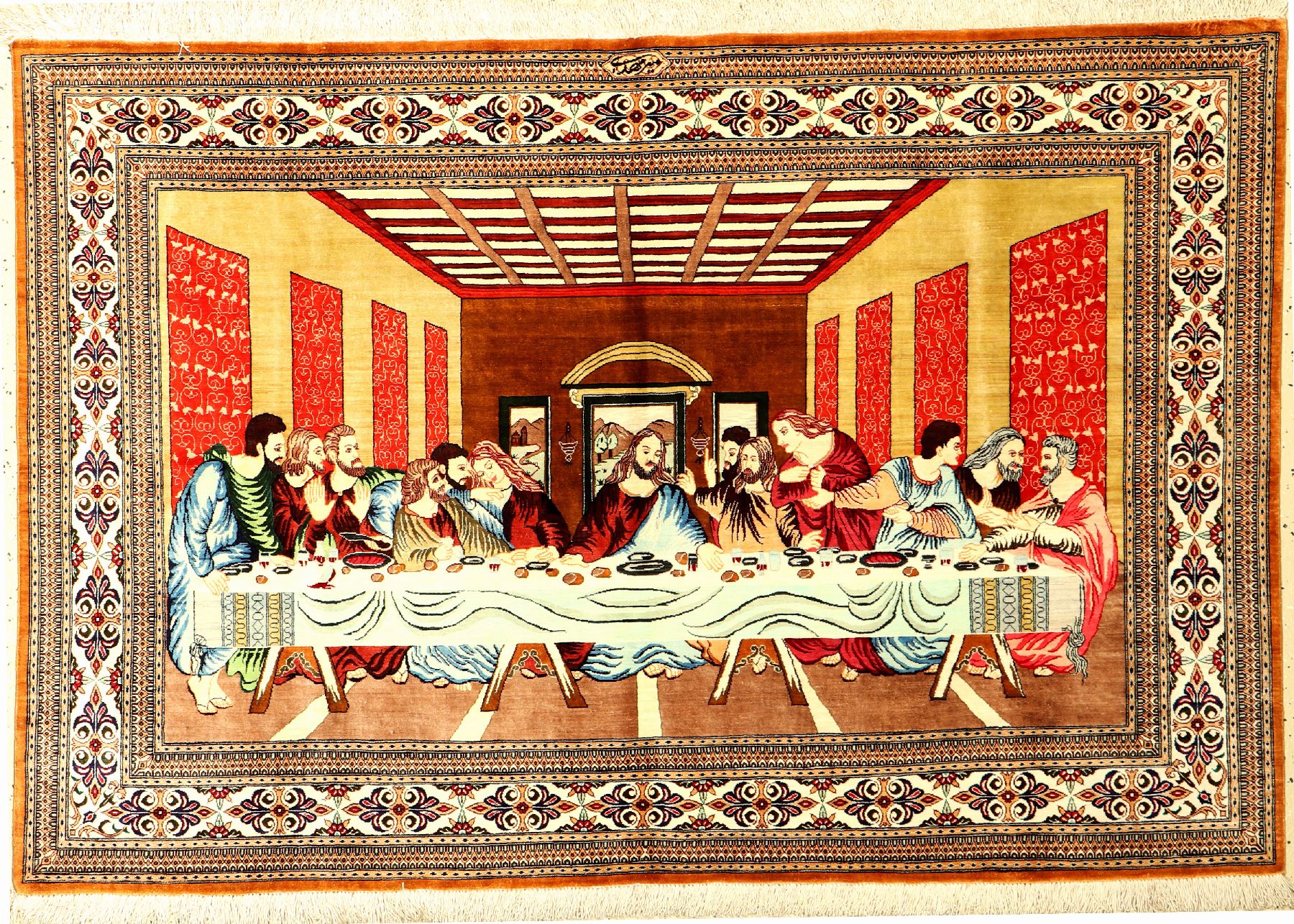 Seiden Ghom "Mir Mehdi" fein (Signiert) "Letzte Abendmahl", Persien, ca. 30 Jahre alt, reine Naturseide, ca. 152 x 102 cm, EHZ: ...