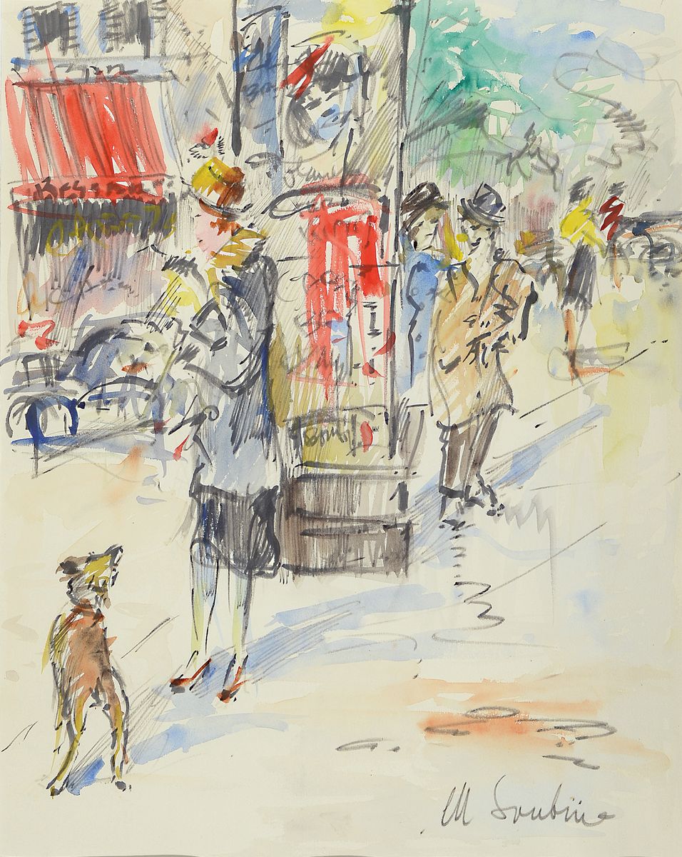Michel Soutine, 1914-1986, Pariser Straßenszene mit Personen, Tusche und Aquarell auf Papier, rechts unten signiert, ca. 49x38cm, PP, u.Gl., R. ca. ...