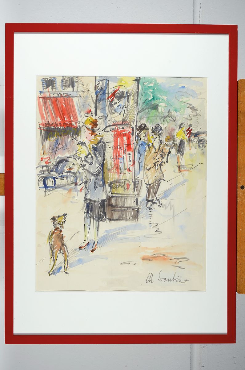 Detail k: Michel Soutine, 1914-1986, Pariser Straßenszene mit Personen, Tusche und Aquarell auf Papier, rechts unten signiert, ca. 49x38cm, PP, u.Gl., R. ca. ...