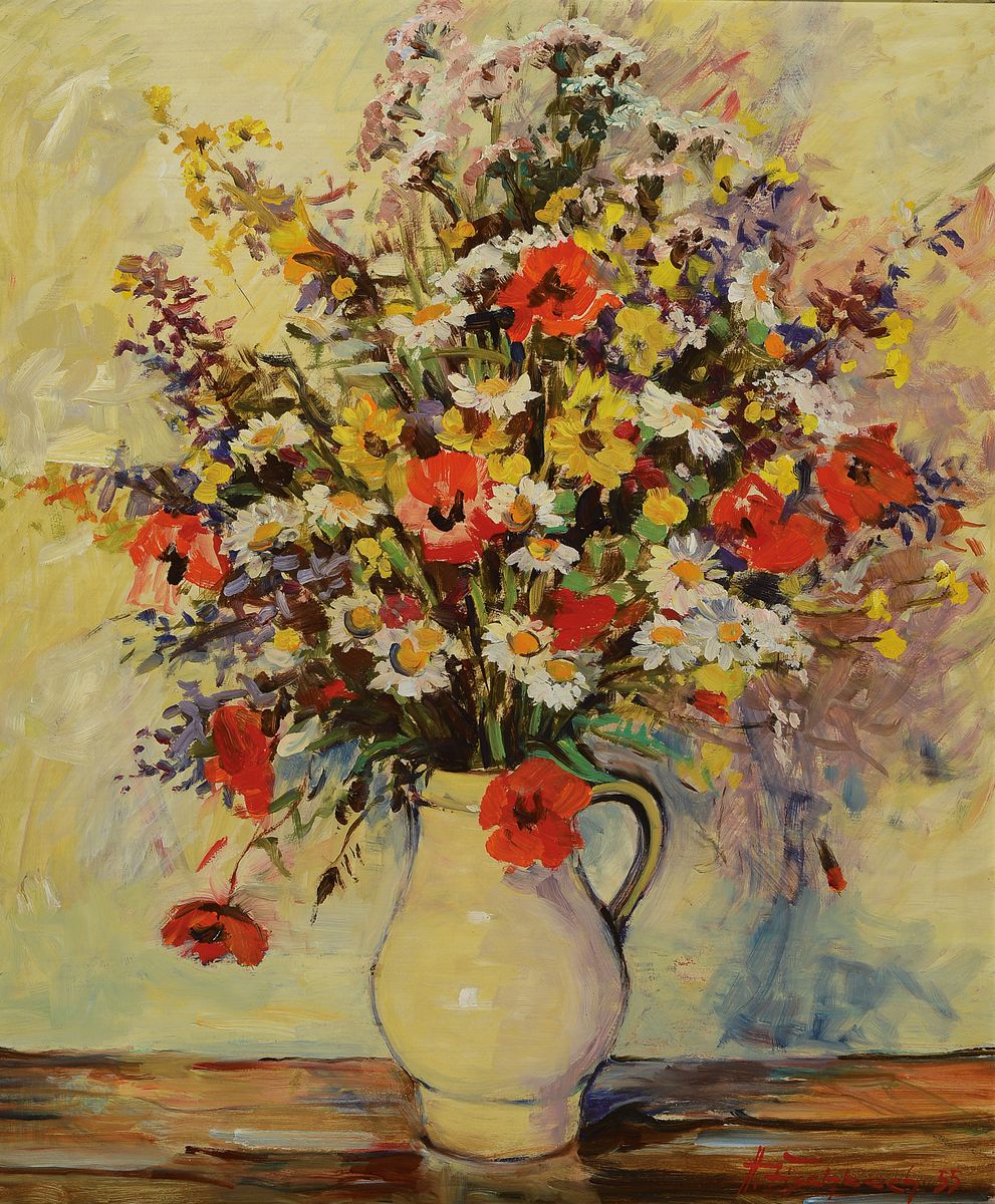 Hugo Fischbach, 1894 Wuppertal-1962 Germersheim, großer Sommerblumenstrauß, Öl/Malkarton, rechts unten signiert und dat. 55, ca. 69x58cm, R. ca. ...