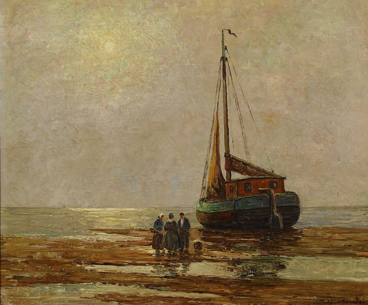 Hans Harländer, 1904 Hamburg-1974, Fischerboot bei Ebbe, Öl/Holz, rechts unten signiert, ca. 50x60cm, R. ca. 69x79cm