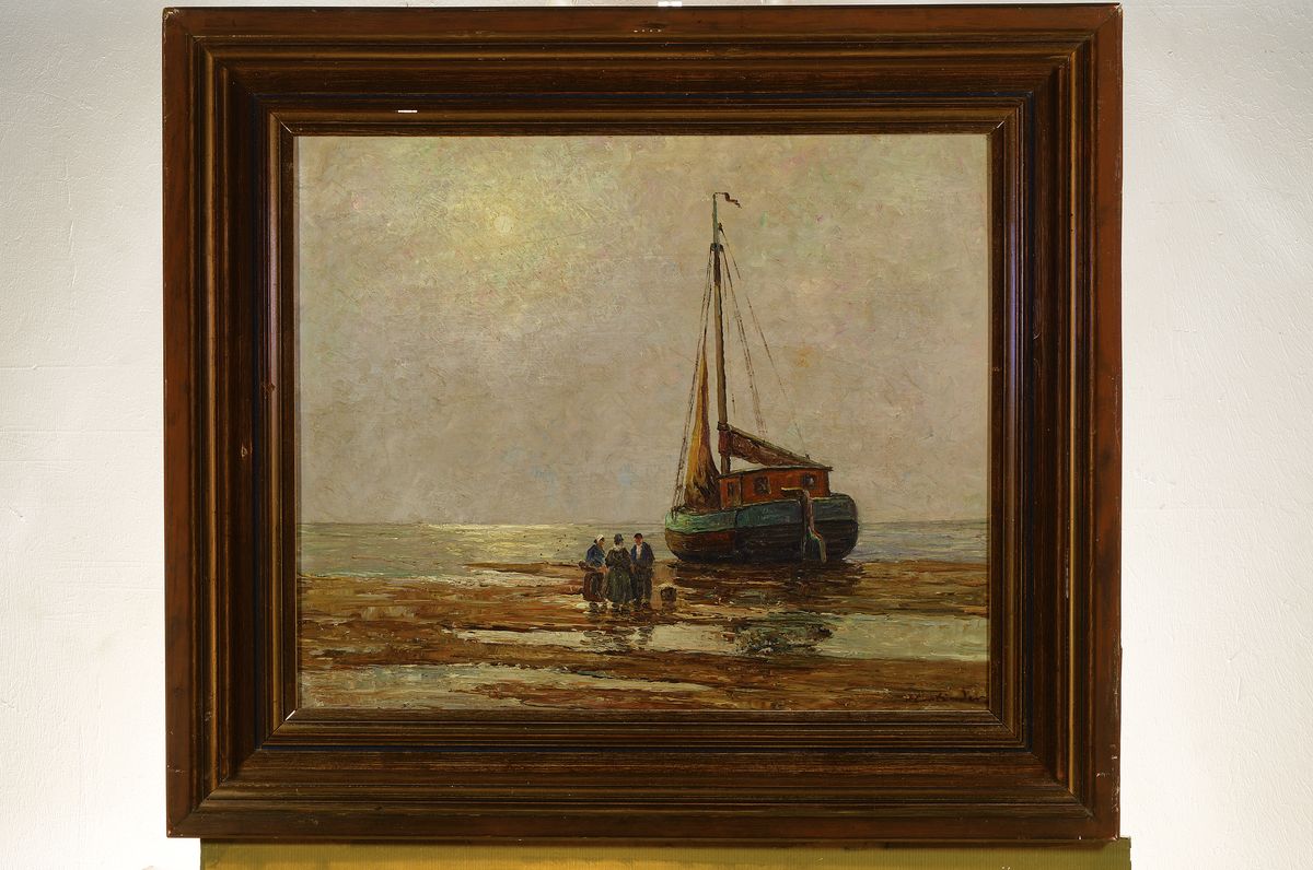Detail k: Hans Harländer, 1904 Hamburg-1974, Fischerboot bei Ebbe, Öl/Holz, rechts unten signiert, ca. 50x60cm, R. ca. 69x79cm