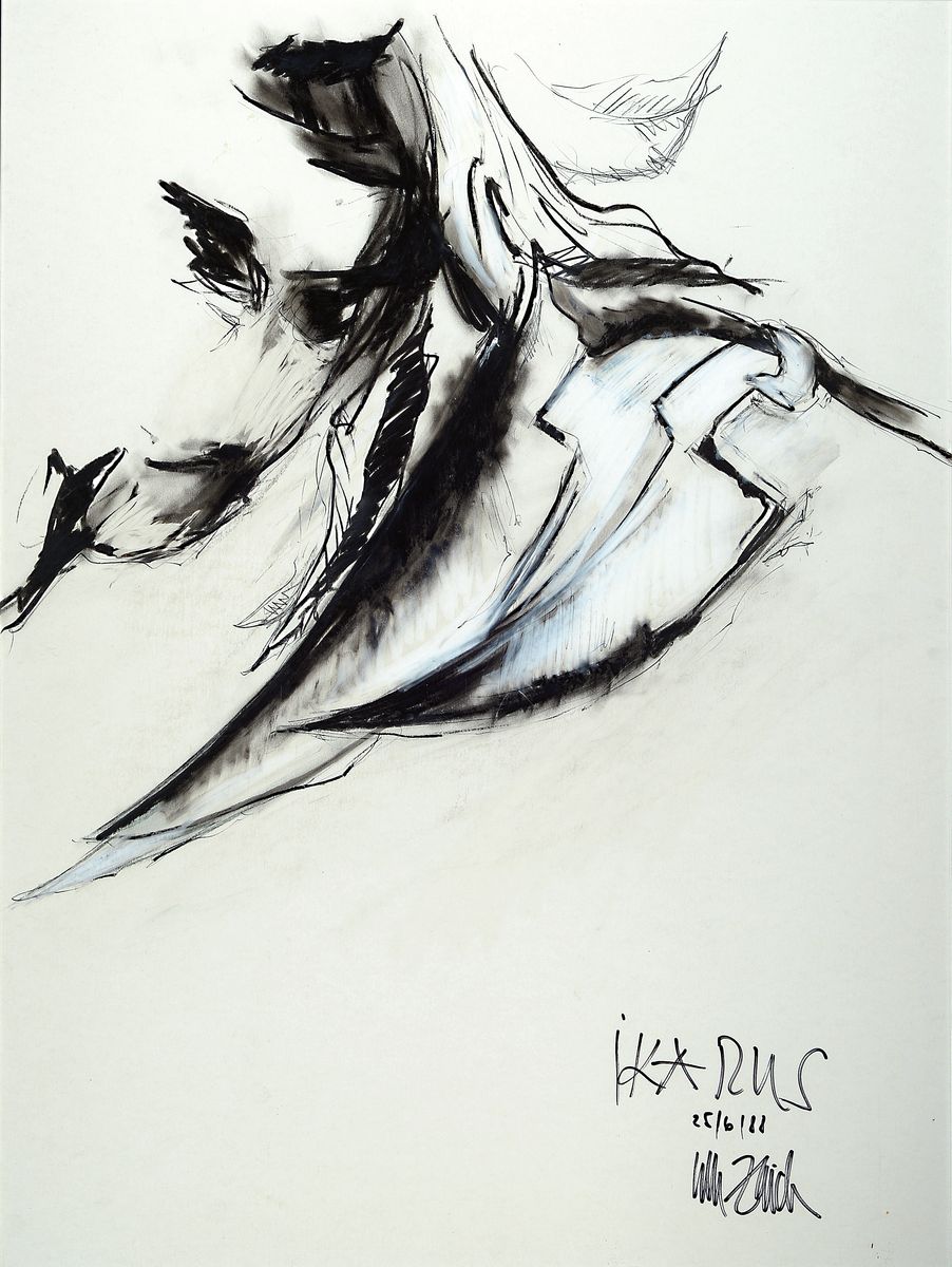 Karlheinz Zwick, geb. 1948 Bad Bergzabern, Ikarus, Mischtechnik auf Papier, rechts unten betitelt, signiert und dat. 25/6/88, ca. 80x60cm, u.Gl., R. ...