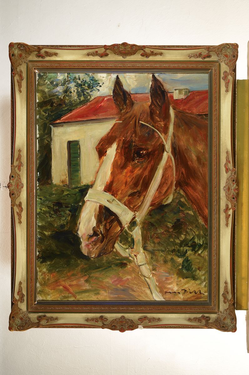 Detail k: Otto Dill, 1884 Neustadt/Wstr.-1957 Bad Dürkheim, Kopf eines Fuchshengstes, Öl/Lwd, rechts unten signiert, rückseitig zwei Ausstellungsetiketten ...