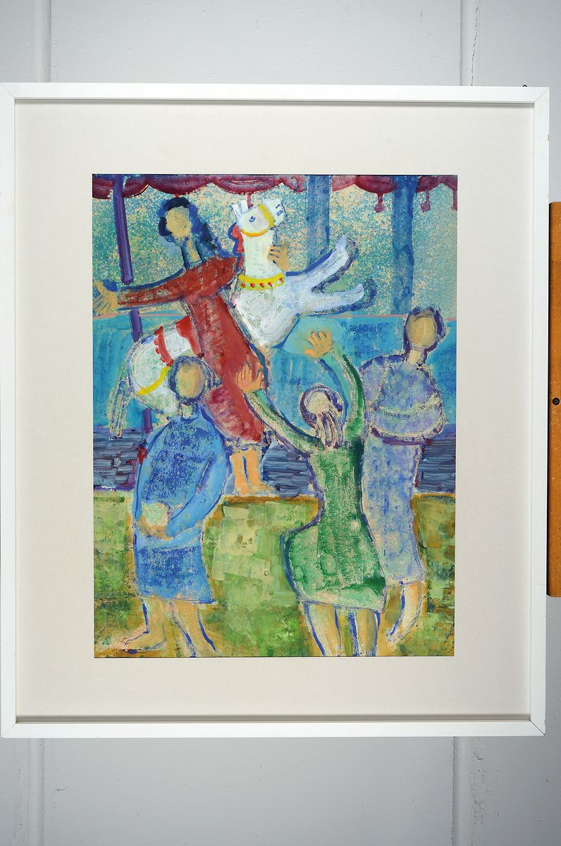 Detail k: Aribert Frosch, geb. 1932 Ludwigshafen/Rhein, Studium an der Akademie Karlsruhe bei Otto Laible, hier: Beim alten Karussell, Tempera und Gouache auf ...