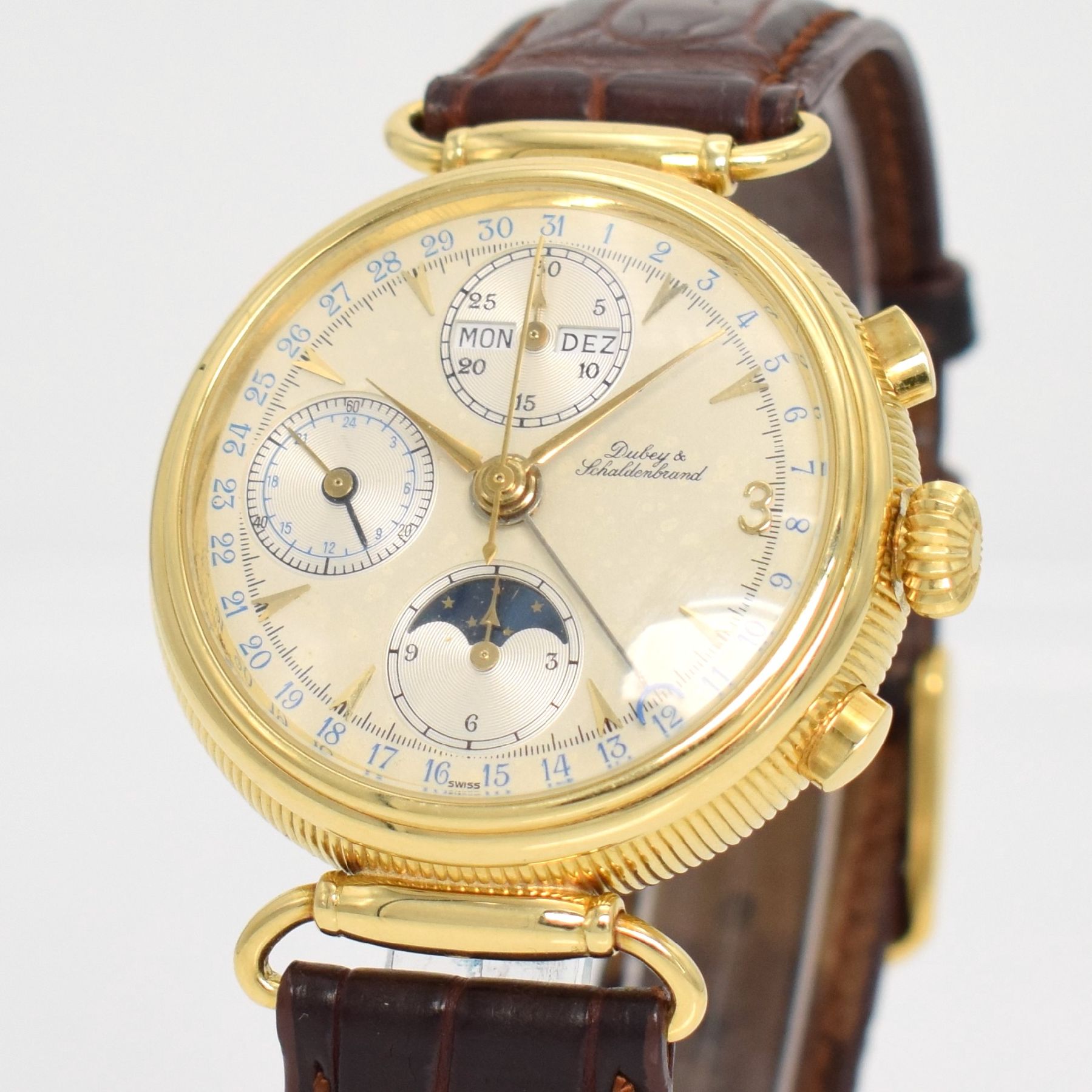 Detail c: DUBEY & SCHALDENBRAND Armbandchronograph in GG 750/000 mit Vollkalenderanzeige inkl. Mondphase, Schweiz um 1990, 3-teil. Geh. beids. vergl., bewegl. ...
