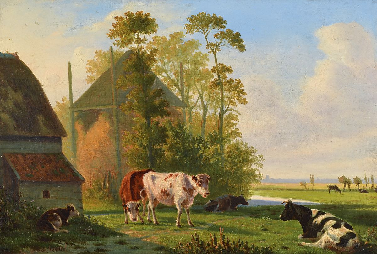 J. van Mastenbroek, niederländischer Maler, 2. Hälfte 19. Jh., Tiere vor Gehöft, im Hintergrund entfernte Stadtsilhouette, Öl/Lwd., li. unten ...