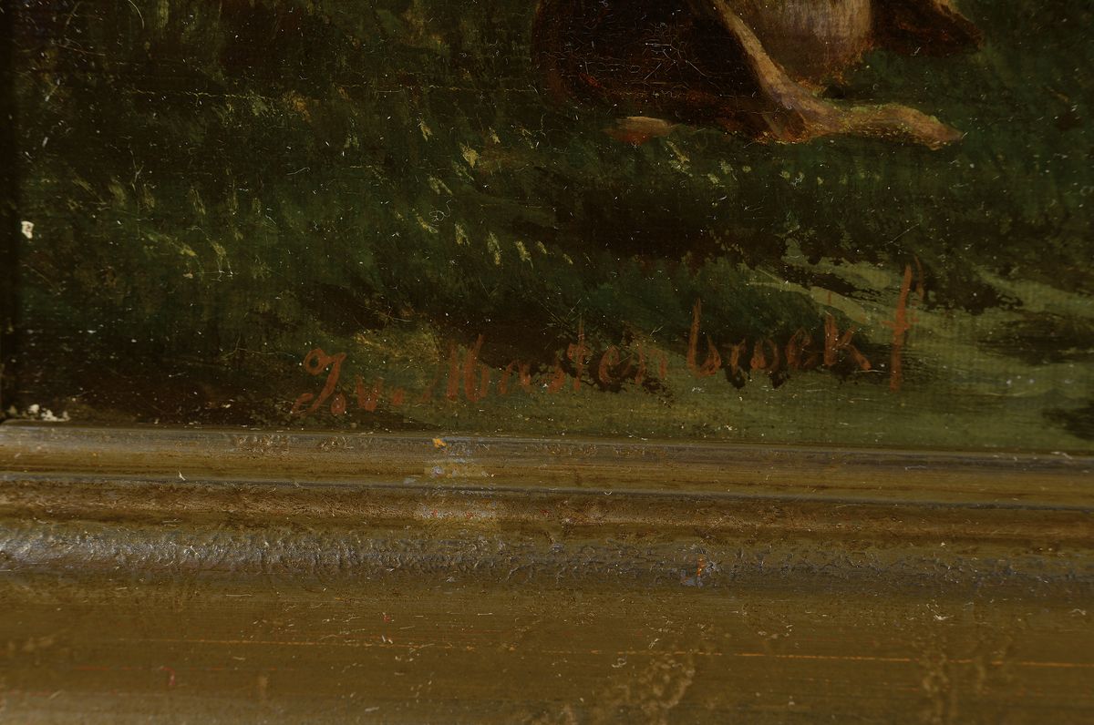 Detail a: J. van Mastenbroek, niederländischer Maler, 2. Hälfte 19. Jh., Tiere vor Gehöft, im Hintergrund entfernte Stadtsilhouette, Öl/Lwd., li. unten ...