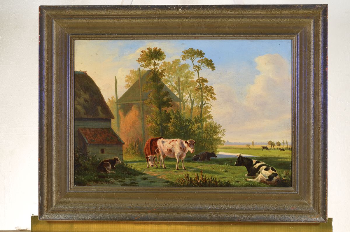 Detail k: J. van Mastenbroek, niederländischer Maler, 2. Hälfte 19. Jh., Tiere vor Gehöft, im Hintergrund entfernte Stadtsilhouette, Öl/Lwd., li. unten ...