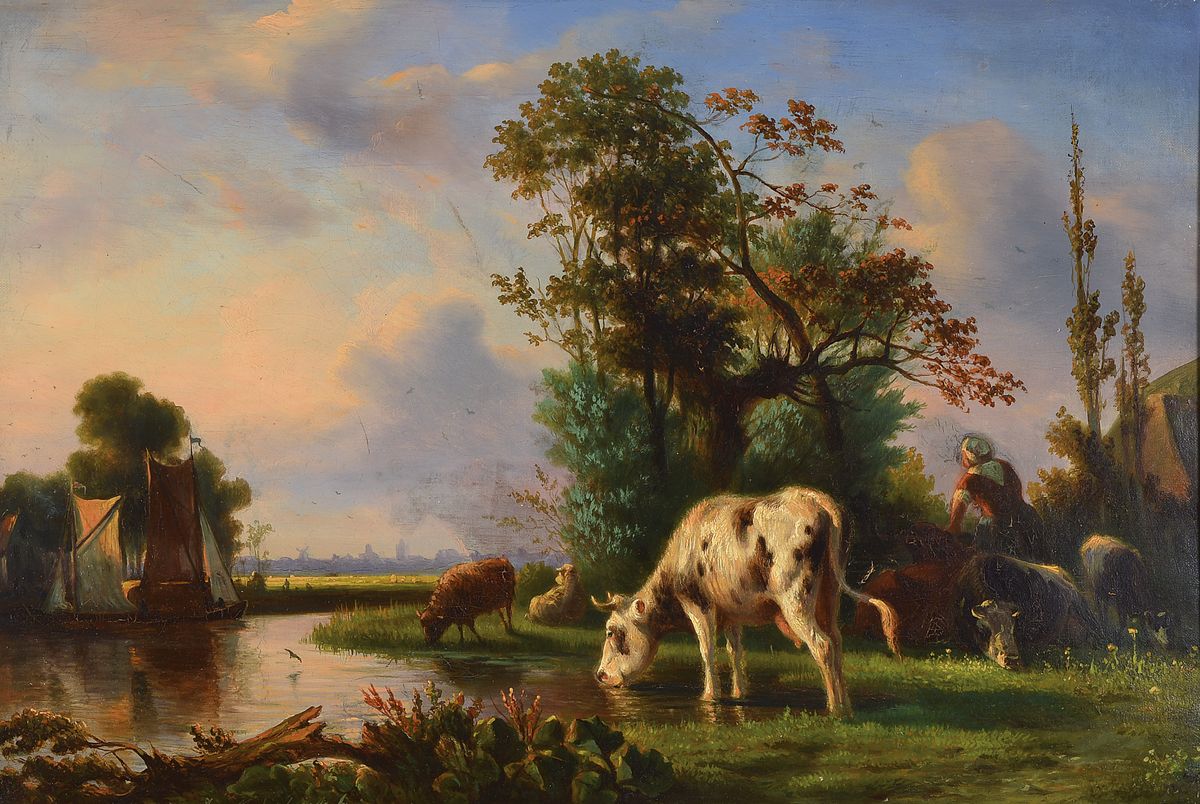 J. van Mastenbroek, niederländischer Maler, 2. Hälfte 19. Jh., Tiere am Fluss, im Hintergrund entfernte Stadtsilhouette, Öl/Lwd., li. unten ...
