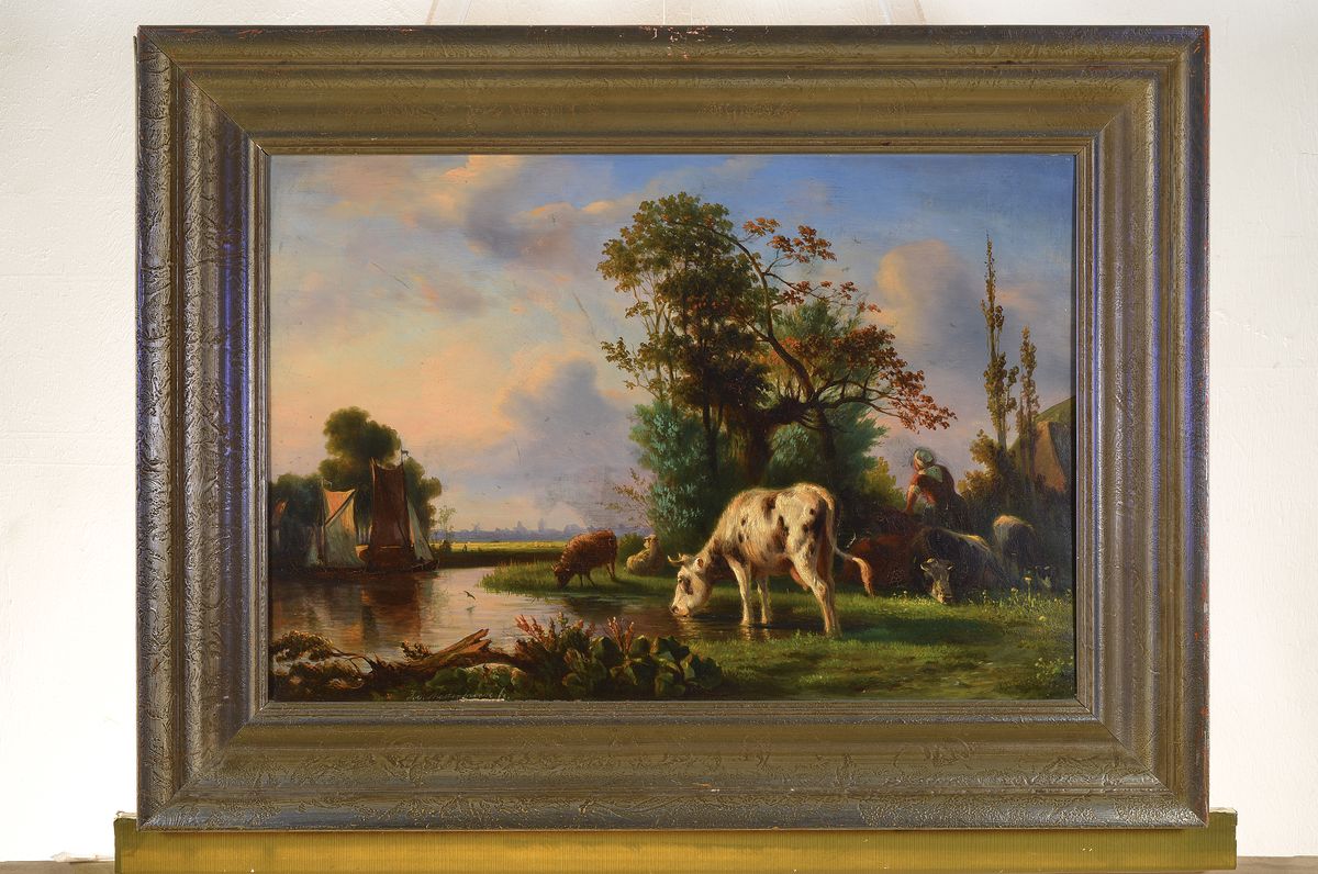 Detail k: J. van Mastenbroek, niederländischer Maler, 2. Hälfte 19. Jh., Tiere am Fluss, im Hintergrund entfernte Stadtsilhouette, Öl/Lwd., li. unten ...