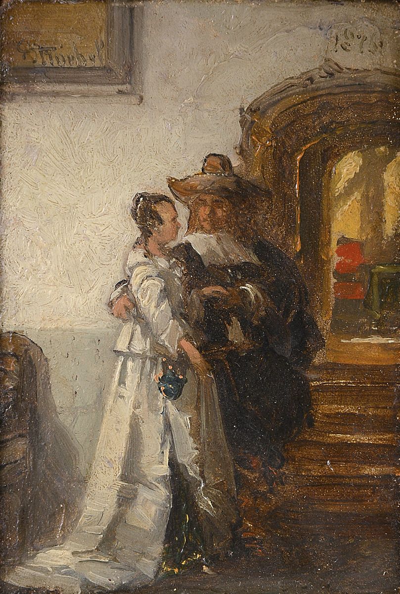 Johannes Anthonie Balthazar Stroebel, 1821 - 1905, Paar vor Treppenaufgang, impressionistische Darst., Öl/Holz, li. oben sign., ca.12x8.5cm, R.