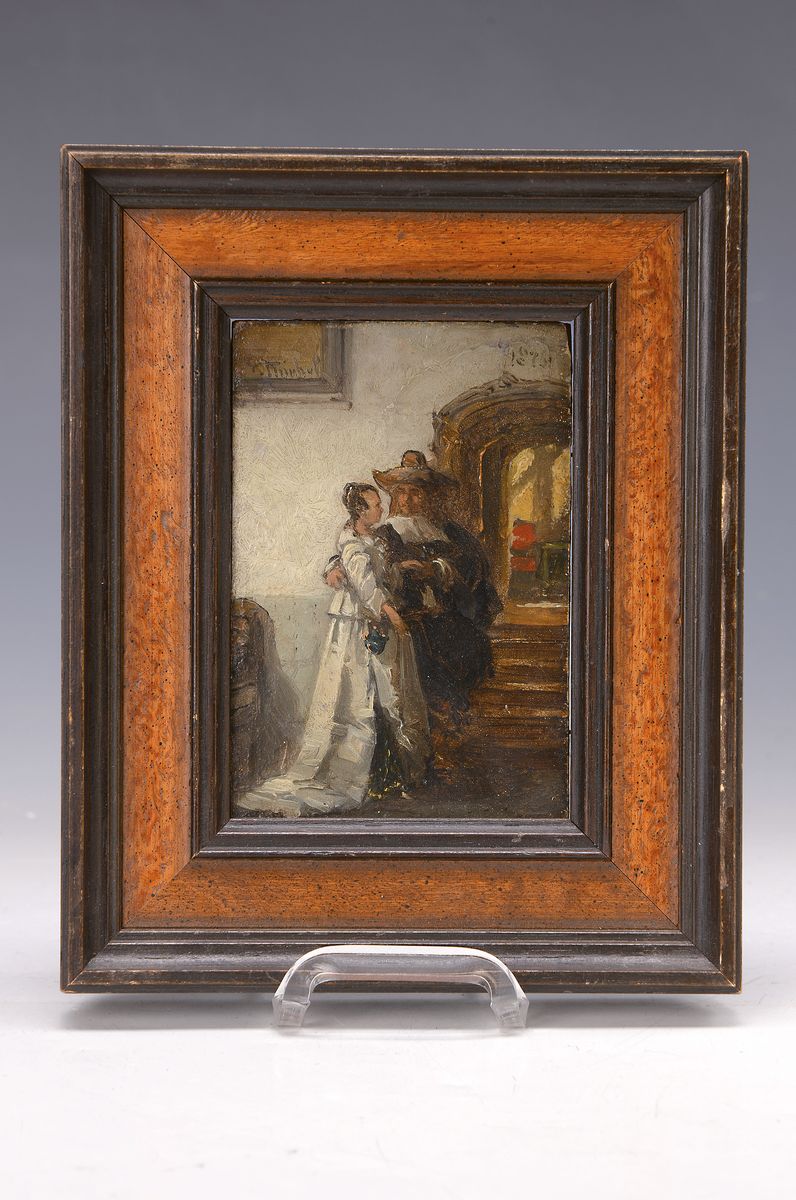 Detail k: Johannes Anthonie Balthazar Stroebel, 1821 - 1905, Paar vor Treppenaufgang, impressionistische Darst., Öl/Holz, li. oben sign., ca.12x8.5cm, R.