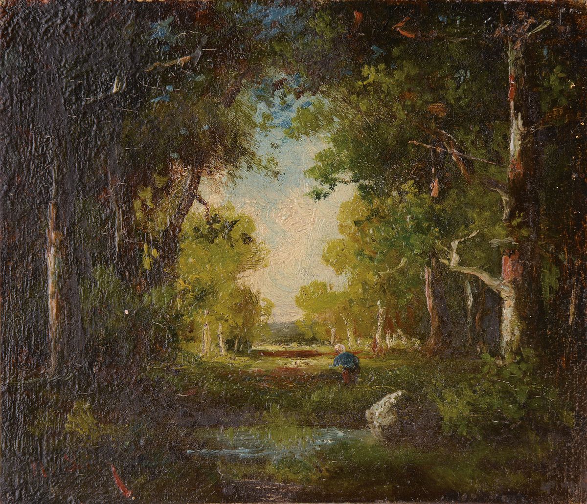 Narcisse Virgile Diaz de la Pena, 1807-76, sehr feine Miniaturmalerei, Parklandschaft, Öl/Holz, sign., ca.11x12.8cm, R., l. Alterssp.