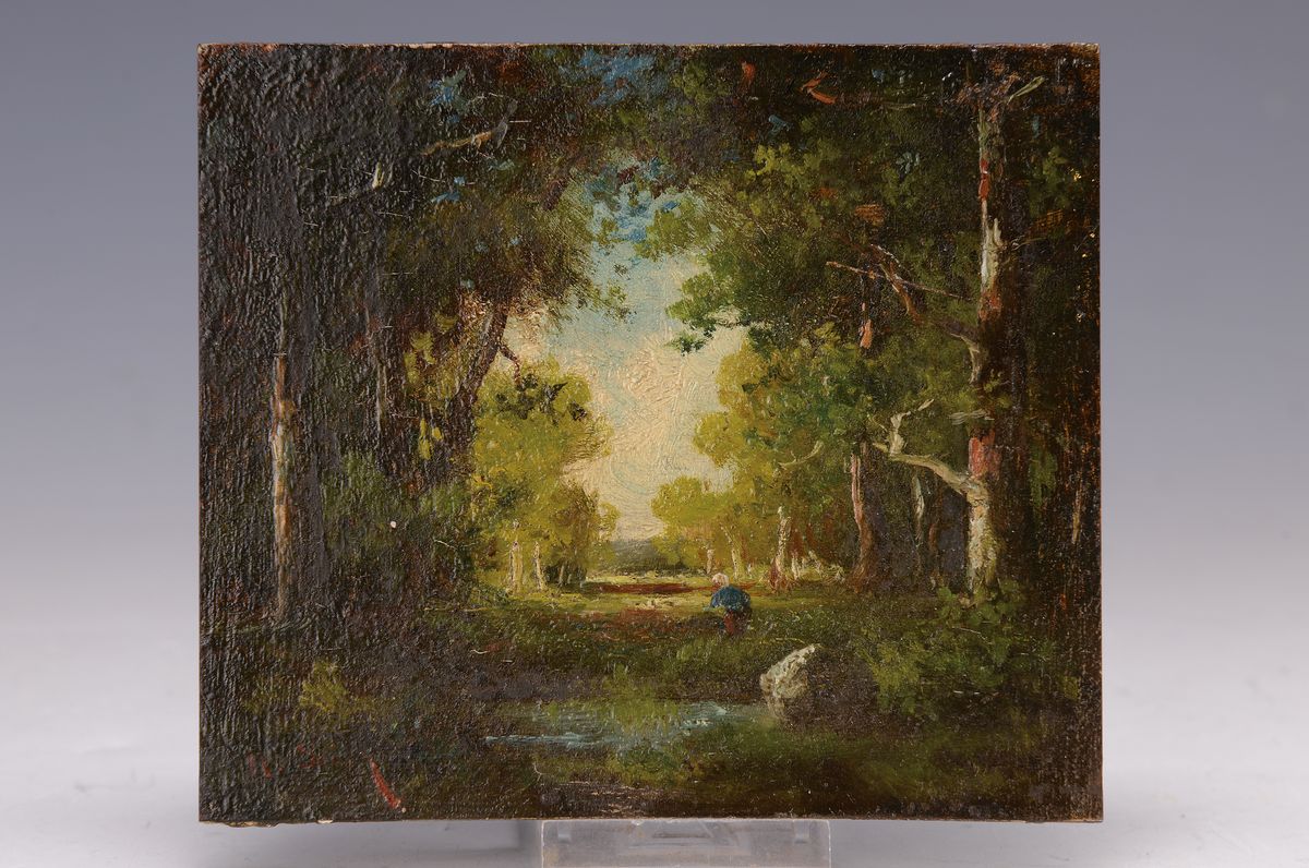 Detail k: Narcisse Virgile Diaz de la Pena, 1807-76, sehr feine Miniaturmalerei, Parklandschaft, Öl/Holz, sign., ca.11x12.8cm, R., l. Alterssp.