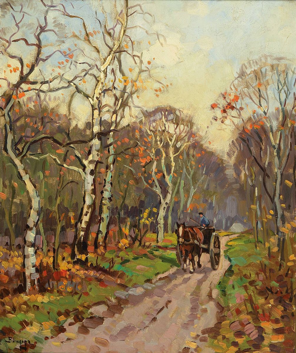Ben Viegers, 1886 - 1947, Fuhrwerk im Birkenwald, Öl/Lwd, re. unten signiert, ca. 60 x 50 cm