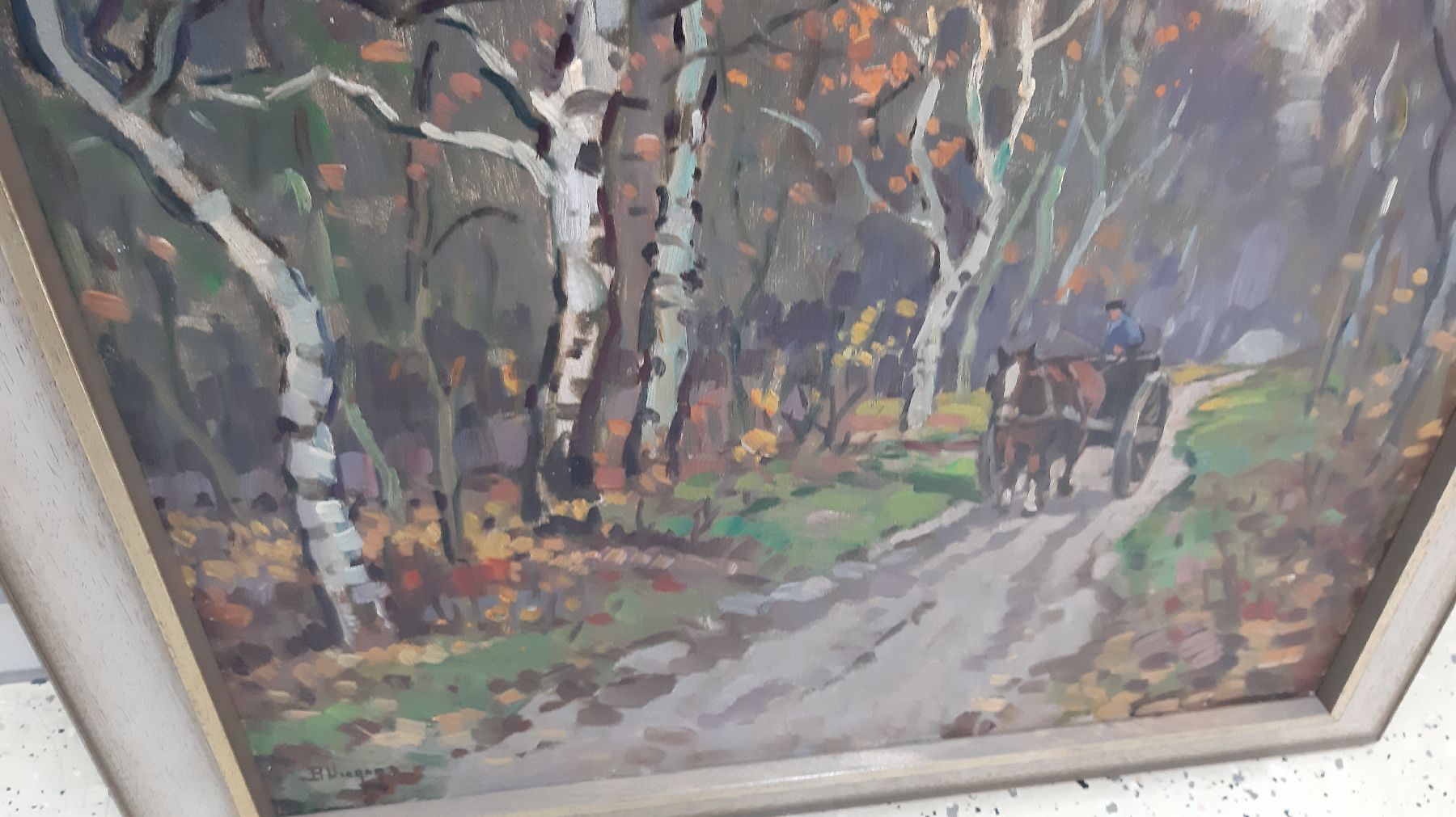 Detail e: Ben Viegers, 1886 - 1947, Fuhrwerk im Birkenwald, Öl/Lwd, re. unten signiert, ca. 60 x 50 cm