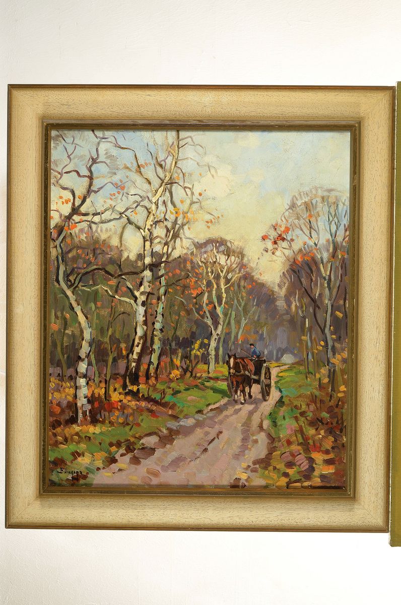 Detail k: Ben Viegers, 1886 - 1947, Fuhrwerk im Birkenwald, Öl/Lwd, re. unten signiert, ca. 60 x 50 cm