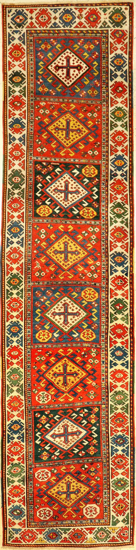 Kasak "Galerie" antik, Zentralkaukasus, 19.Jhd., Wolle geknüpft auf Wolle. Dekorativer und sammelwürdiger Kasak mit Kassettenmuster und ...