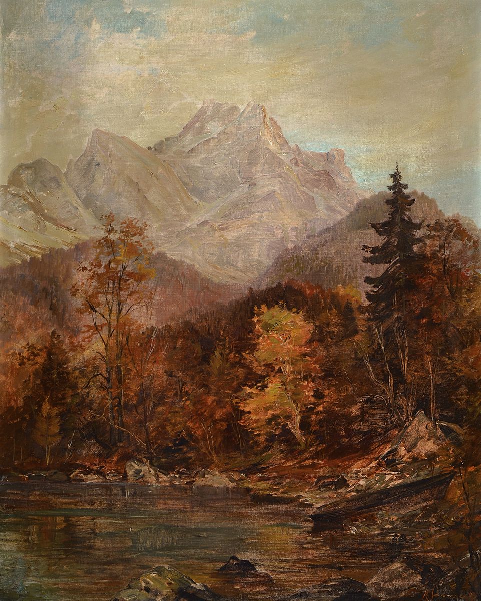 M. Sommer, süddeutscher Maler, 1.H. 20. Jh.,Gebirgslandschaft mit See, Öl/Lwd., lockerer Duktus und große Varianz in den Braun- und Grüntönen, ...