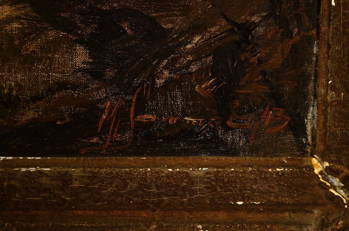 Detail a: M. Sommer, süddeutscher Maler, 1.H. 20. Jh.,Gebirgslandschaft mit See, Öl/Lwd., lockerer Duktus und große Varianz in den Braun- und Grüntönen, ...