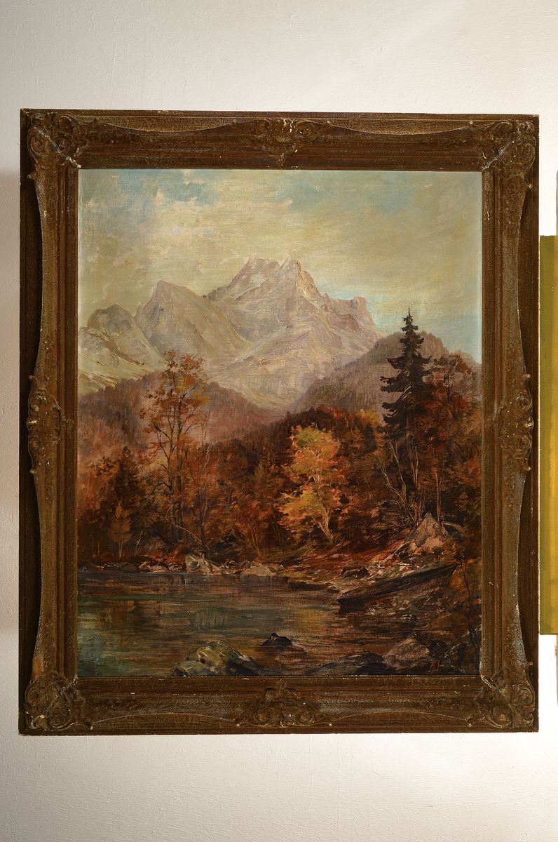 Detail k: M. Sommer, süddeutscher Maler, 1.H. 20. Jh.,Gebirgslandschaft mit See, Öl/Lwd., lockerer Duktus und große Varianz in den Braun- und Grüntönen, ...