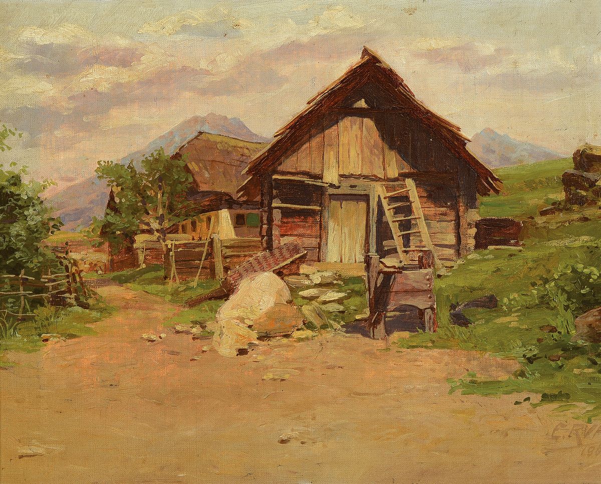 E. Ruff, Maler Mitte 20. Jh., an der Tschagediralm im Stubai gegen Mairspitze 2780 m, Öl/Lwd., signiert, gute Tiefenperspektive und gekonnte ...