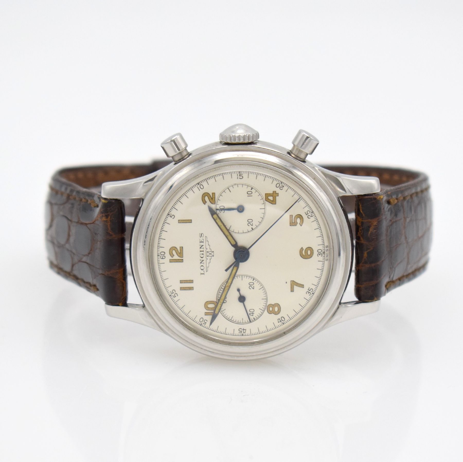 LONGINES seltener 37,5 mm Fly-Back Chronograph Referenz 6075, Schweiz verkauft lt. Longines-Abfrage Okt. 1954, Handaufzug, 2-tlg.Geh., Boden ...