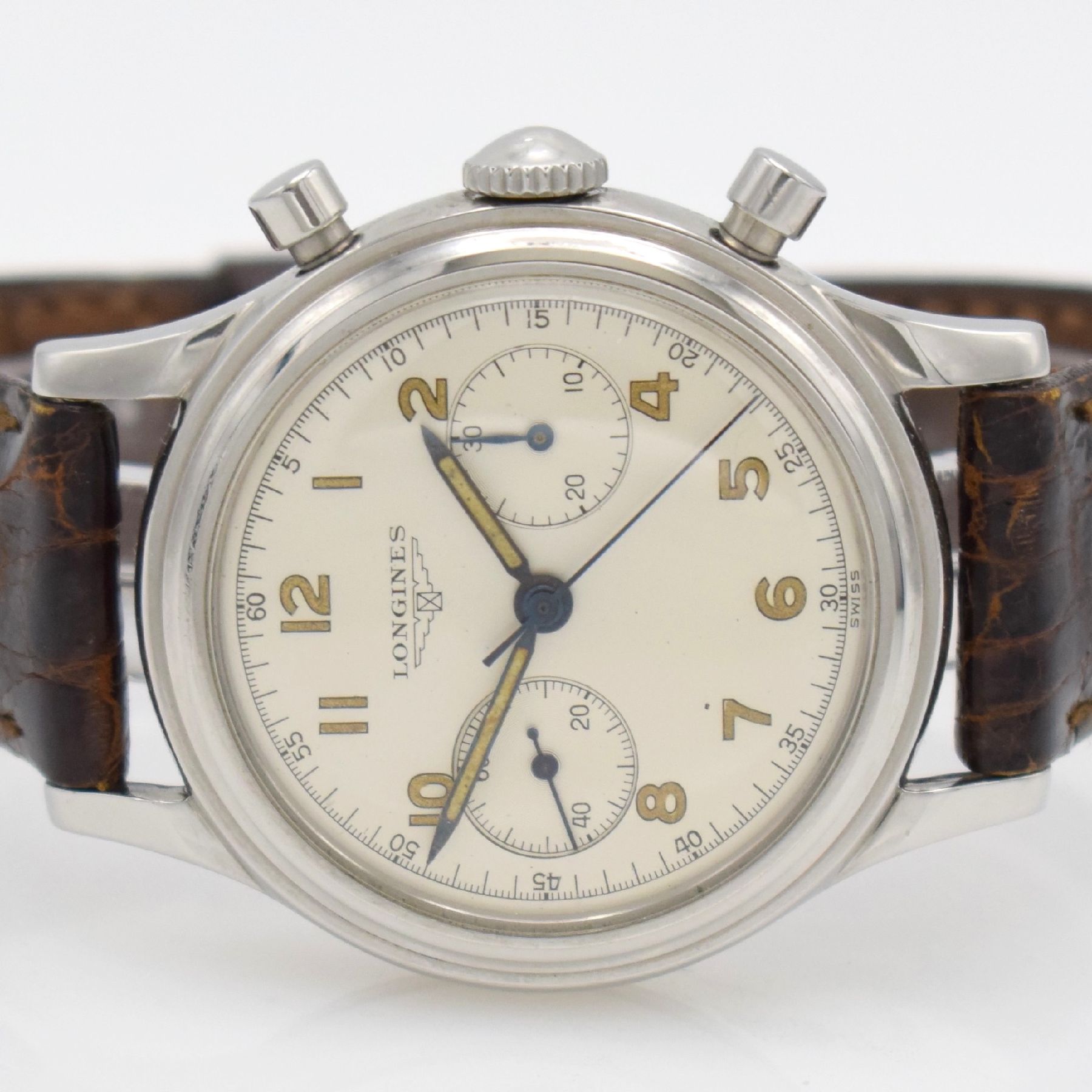 Detail a: LONGINES seltener 37,5 mm Fly-Back Chronograph Referenz 6075, Schweiz verkauft lt. Longines-Abfrage Okt. 1954, Handaufzug, 2-tlg.Geh., Boden ...