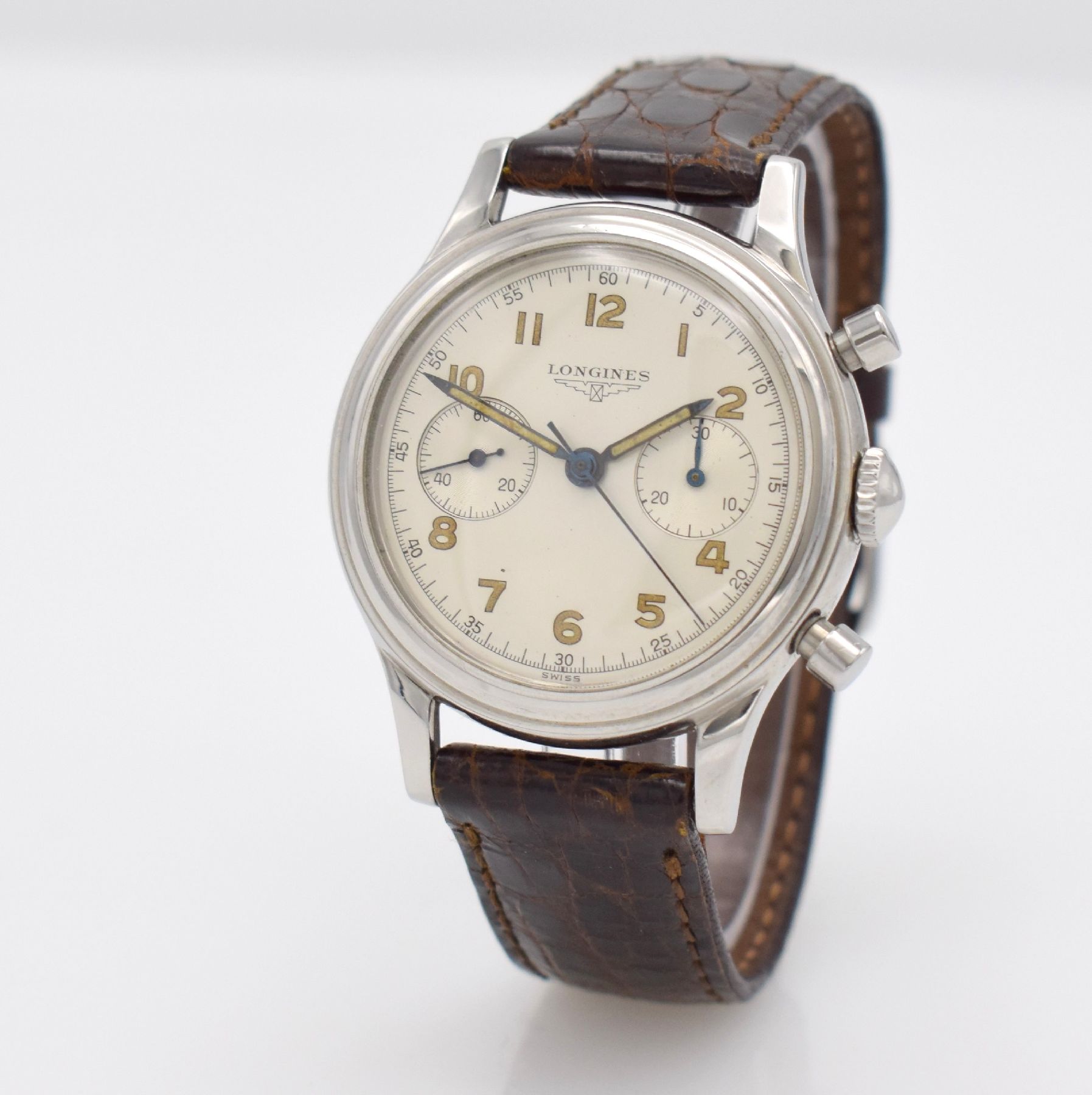 Detail b: LONGINES seltener 37,5 mm Fly-Back Chronograph Referenz 6075, Schweiz verkauft lt. Longines-Abfrage Okt. 1954, Handaufzug, 2-tlg.Geh., Boden ...
