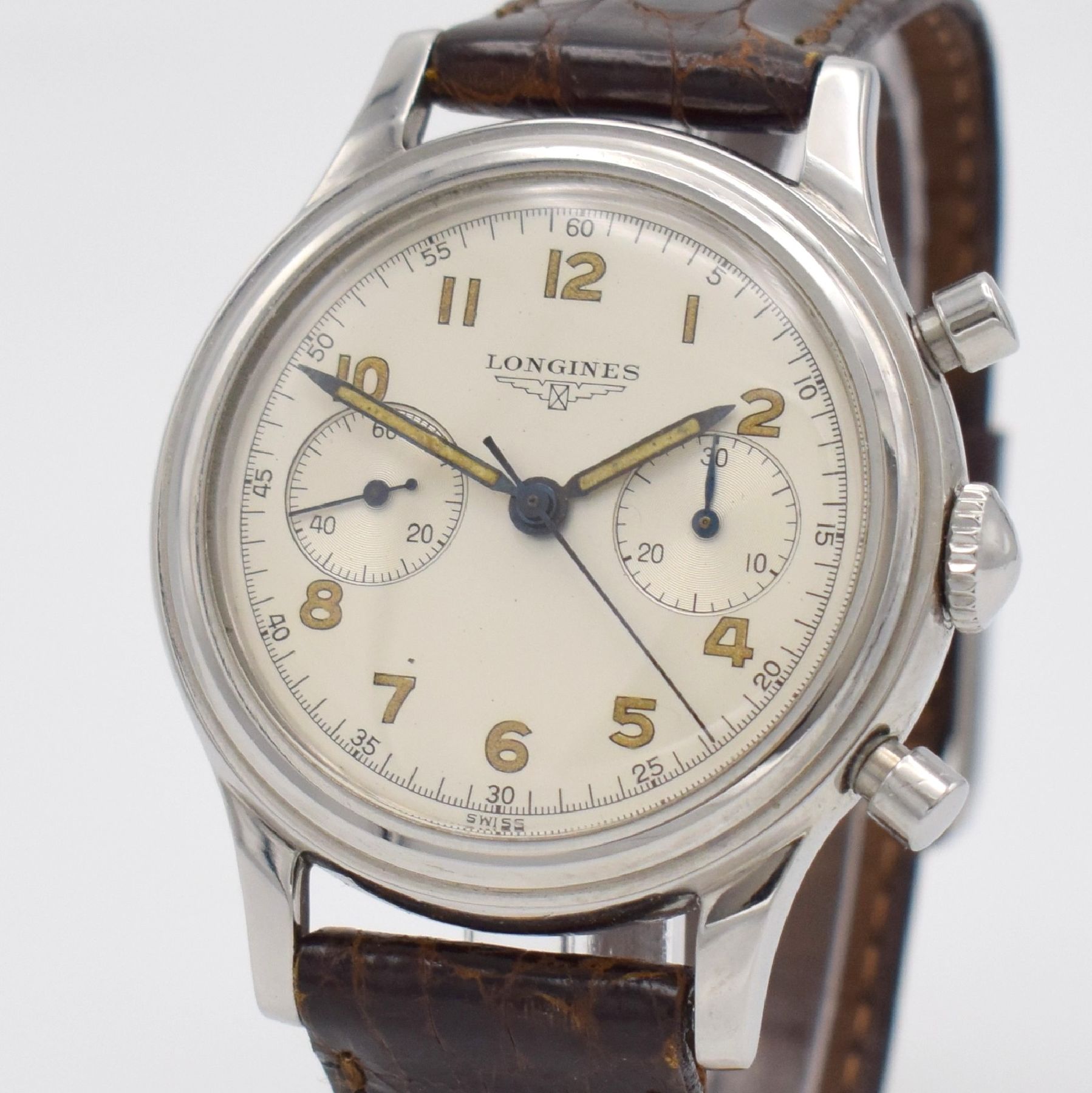 Detail c: LONGINES seltener 37,5 mm Fly-Back Chronograph Referenz 6075, Schweiz verkauft lt. Longines-Abfrage Okt. 1954, Handaufzug, 2-tlg.Geh., Boden ...