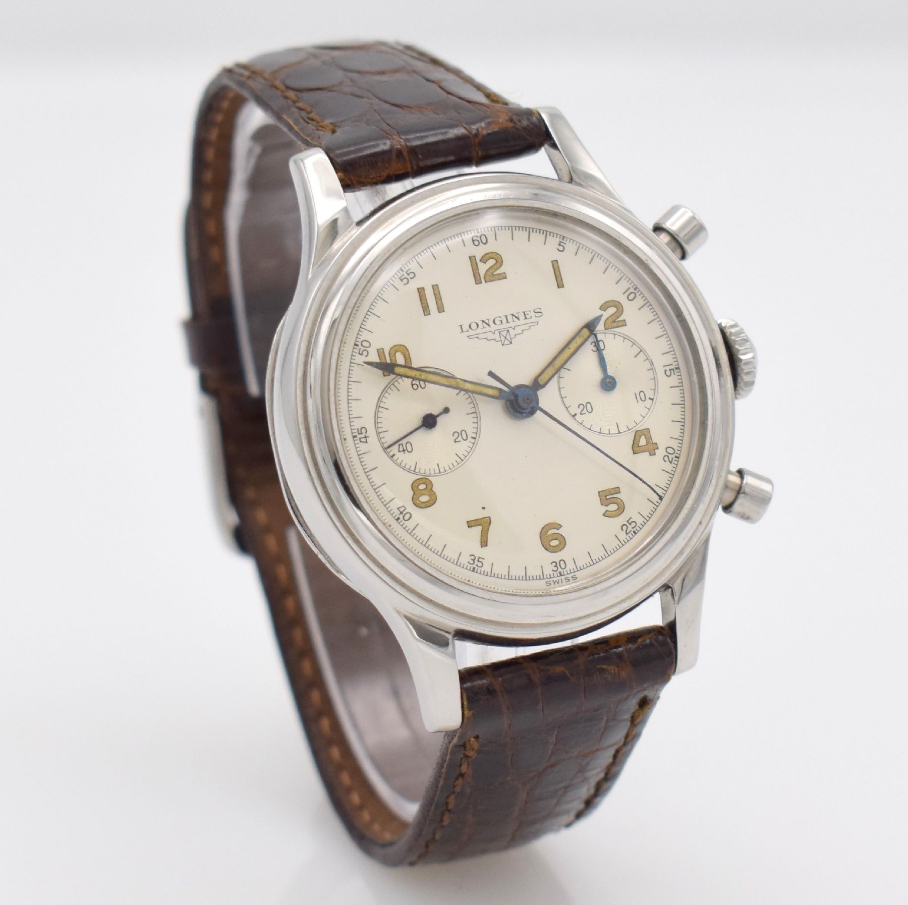 Detail d: LONGINES seltener 37,5 mm Fly-Back Chronograph Referenz 6075, Schweiz verkauft lt. Longines-Abfrage Okt. 1954, Handaufzug, 2-tlg.Geh., Boden ...