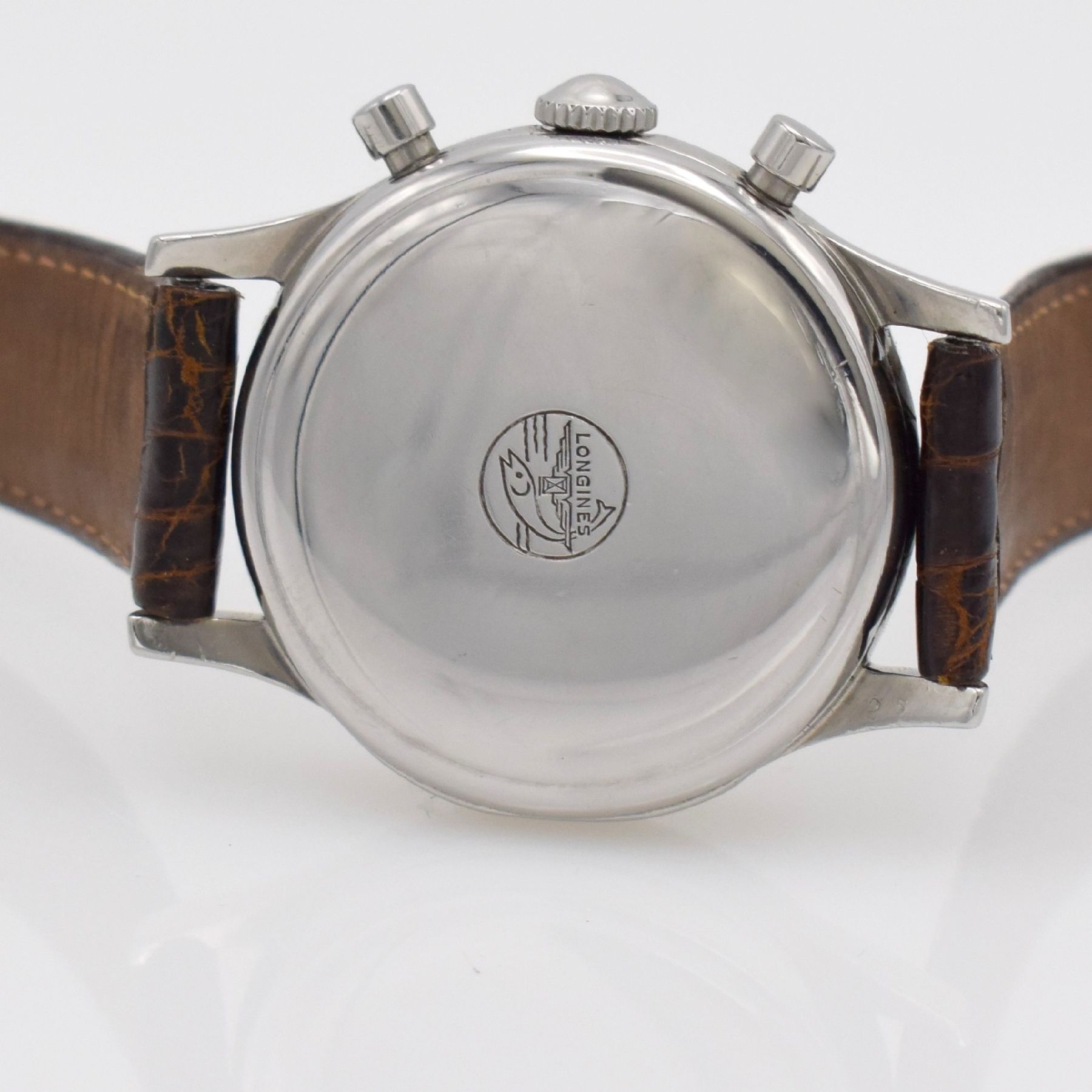 Detail f: LONGINES seltener 37,5 mm Fly-Back Chronograph Referenz 6075, Schweiz verkauft lt. Longines-Abfrage Okt. 1954, Handaufzug, 2-tlg.Geh., Boden ...