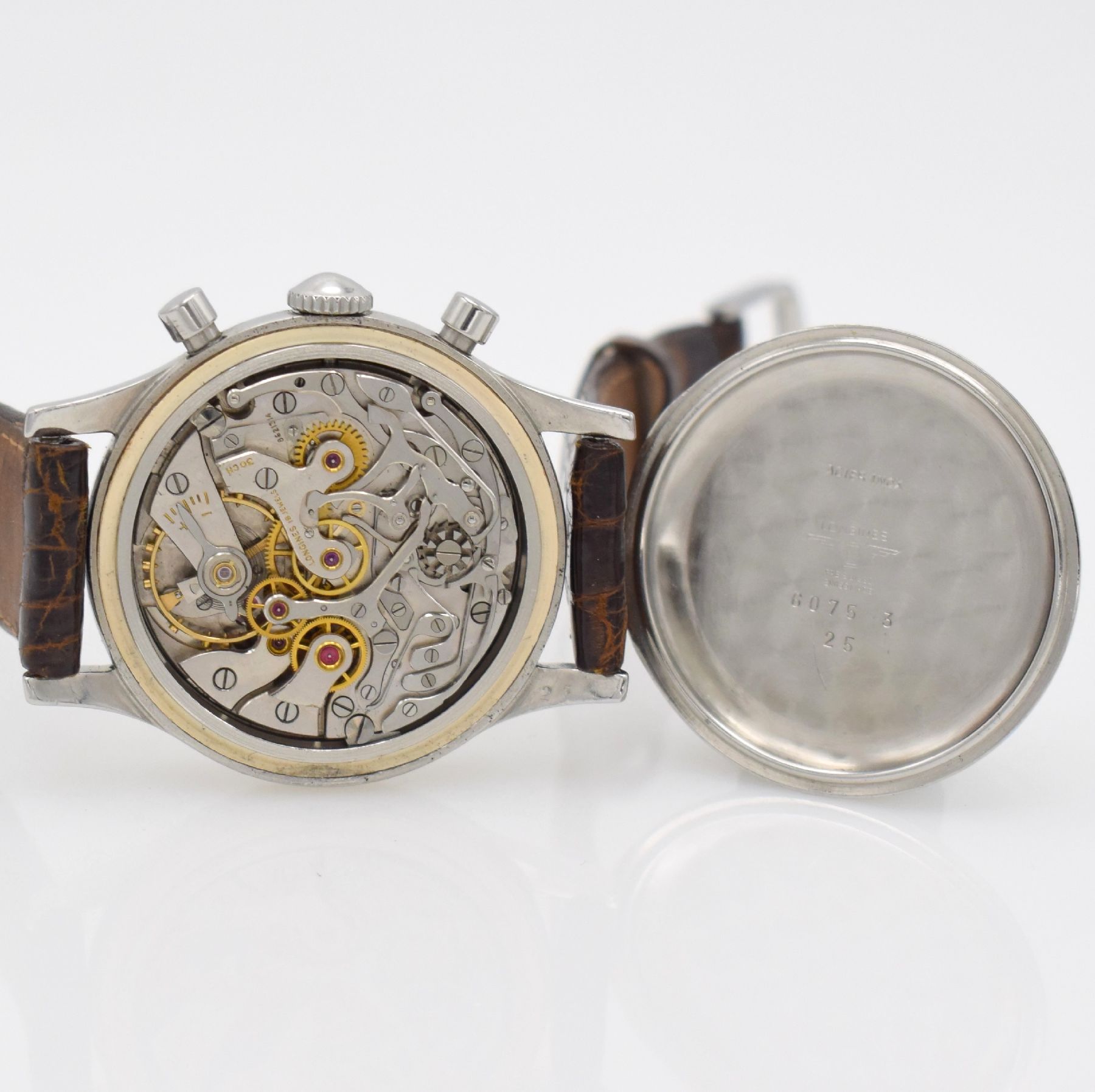 Detail g: LONGINES seltener 37,5 mm Fly-Back Chronograph Referenz 6075, Schweiz verkauft lt. Longines-Abfrage Okt. 1954, Handaufzug, 2-tlg.Geh., Boden ...