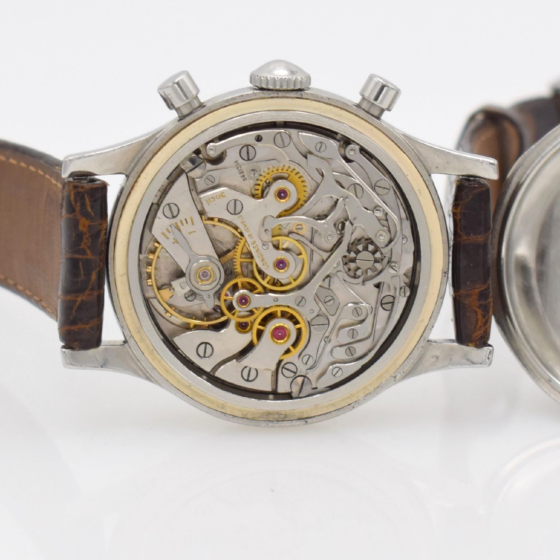 Detail h: LONGINES seltener 37,5 mm Fly-Back Chronograph Referenz 6075, Schweiz verkauft lt. Longines-Abfrage Okt. 1954, Handaufzug, 2-tlg.Geh., Boden ...