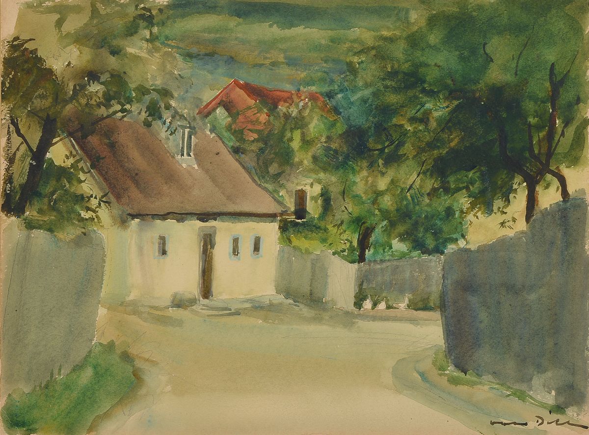 Otto Dill, 1884 Neustadt - 1957 Bad Dürkheim, Dorfidyll, Aquarell, re. unten signiert, verso mit Titel, verso dat. 41, verso Nachlassstempel, ca. ...
