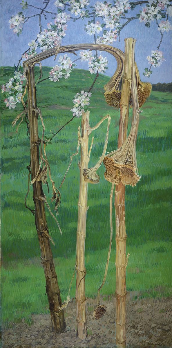 Werner Brand, Kirschblüten und verwelkte Sonnenblumen, Memento Mori, Öl/Lwd, signiert, dat. 89, 140 x 69 cm, Rahmen